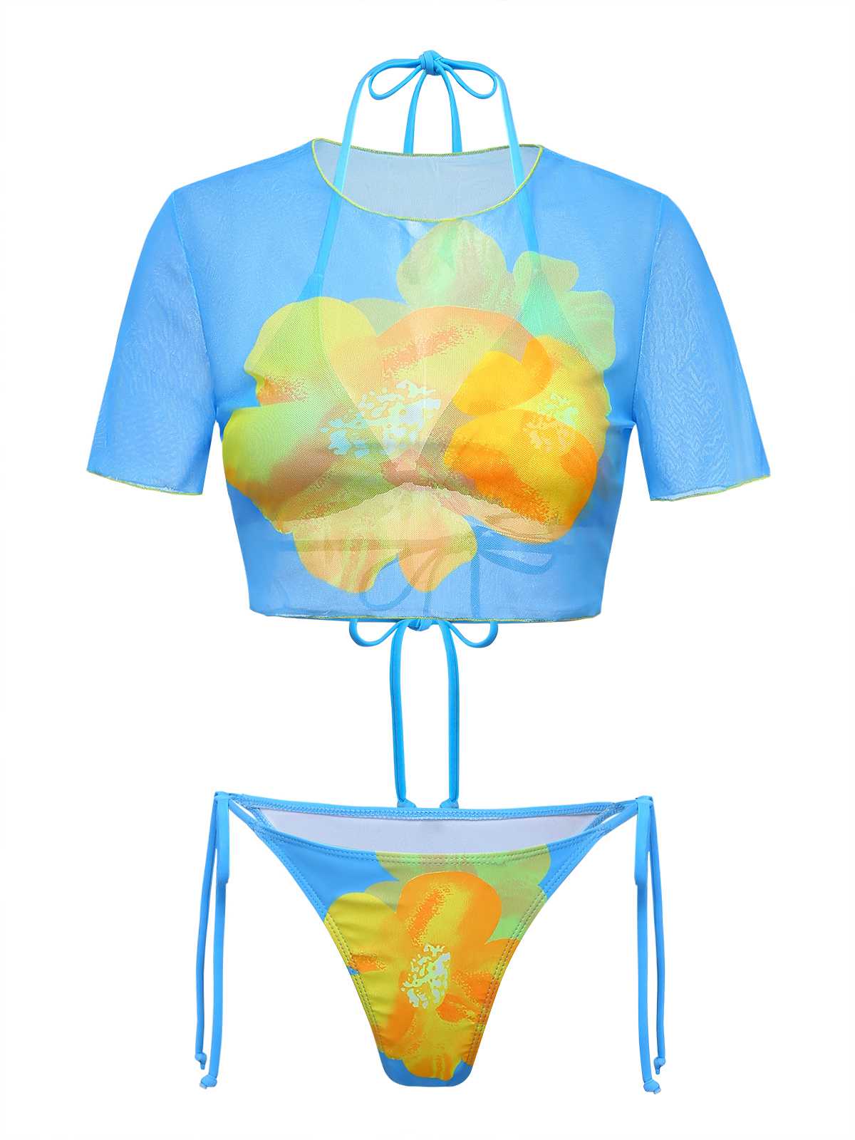 3PCS Bikini et crop-top bleu ciel floral années 1960 - Image 2