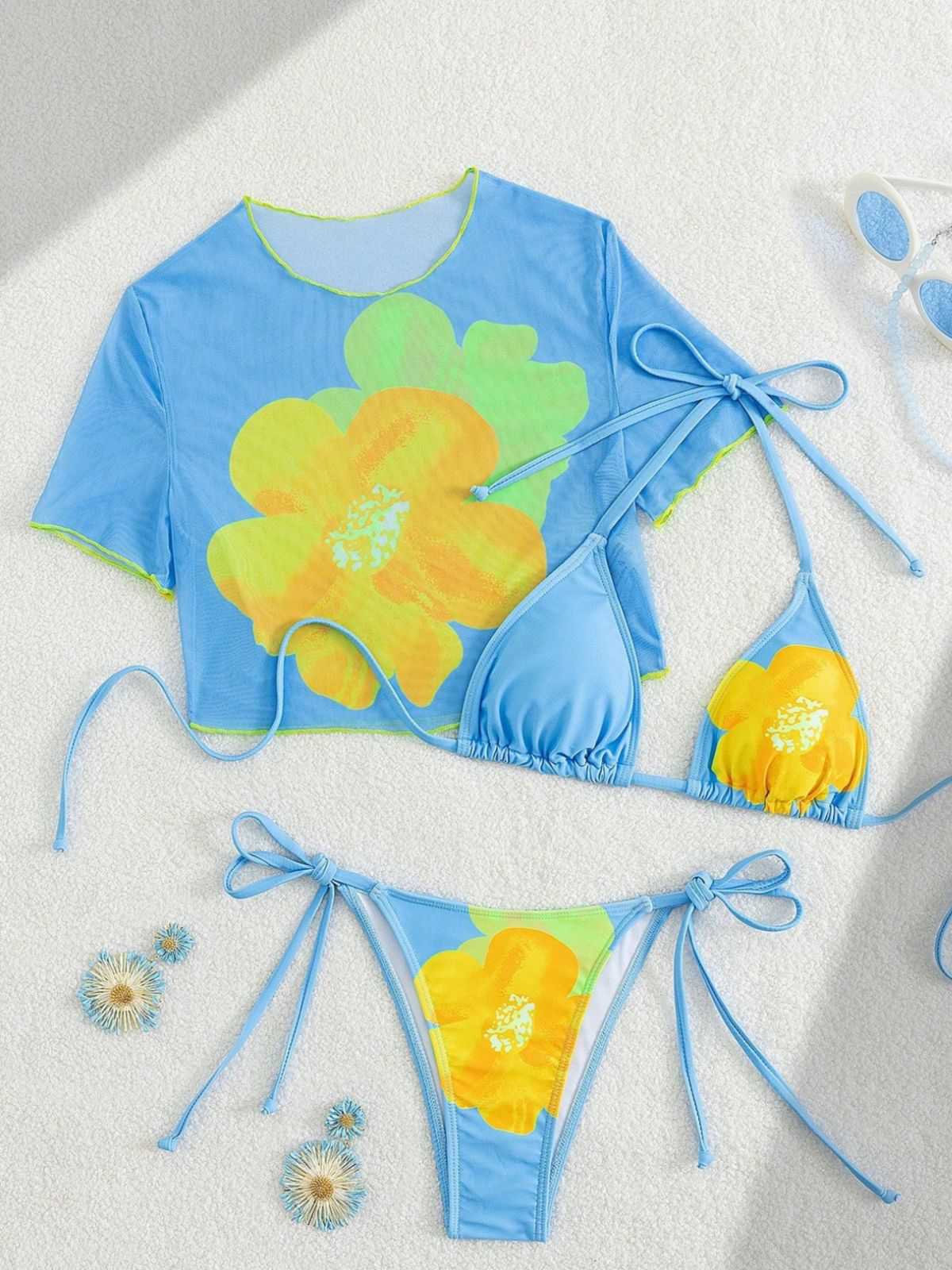 3PCS Bikini et crop-top bleu ciel floral années 1960 - Image 4