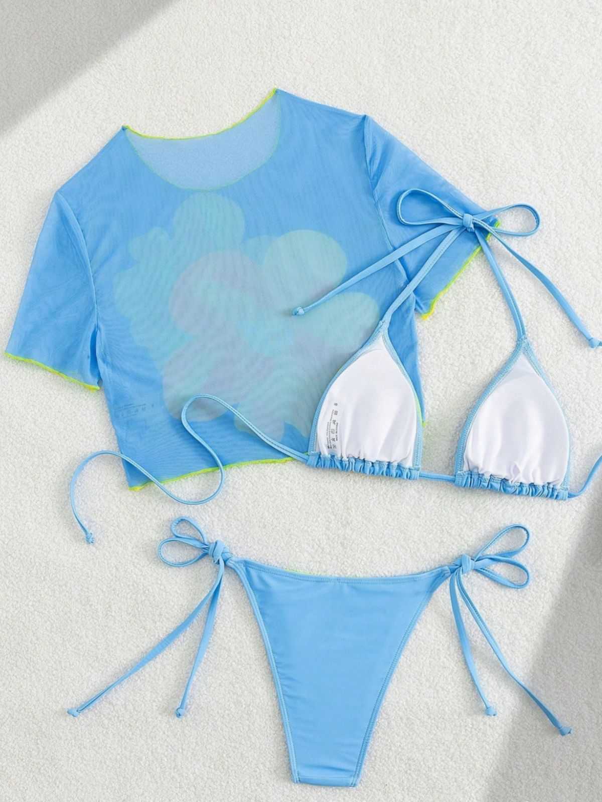 3PCS Bikini et crop-top bleu ciel floral années 1960 - Image 5
