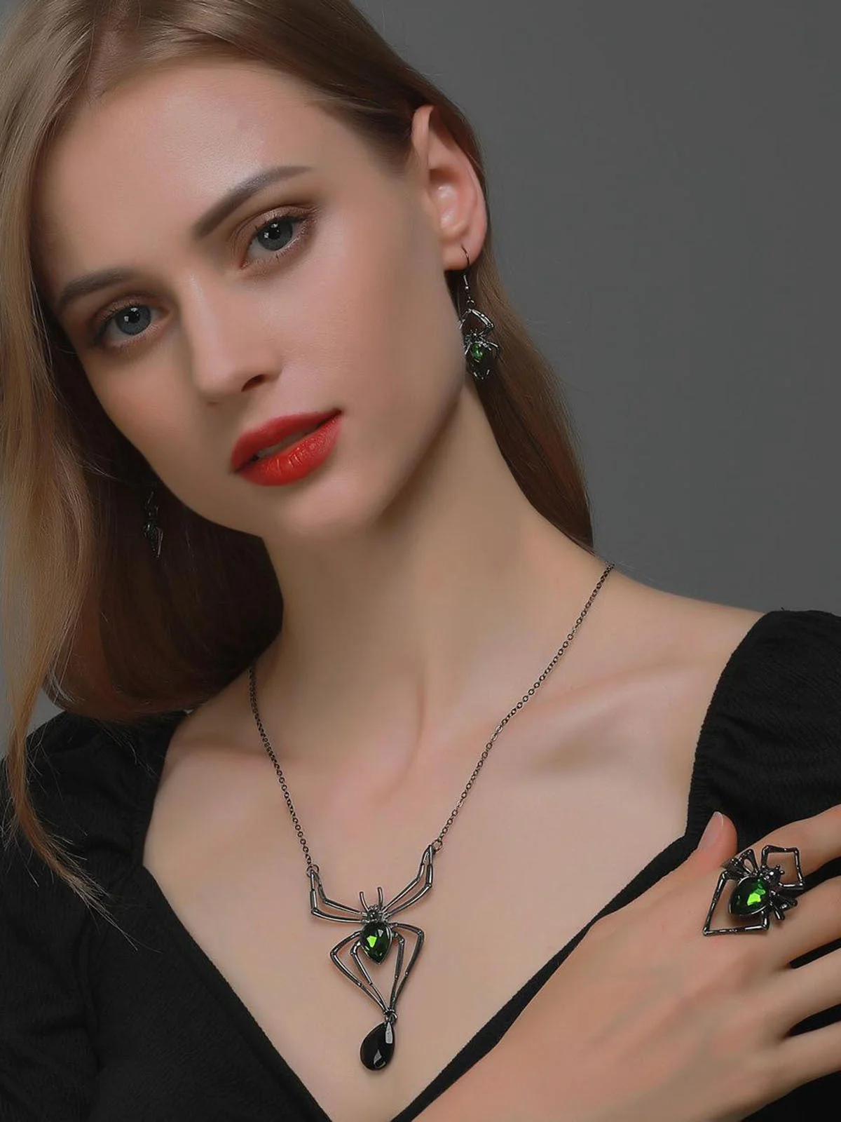 3PCS collier et boucles d'oreilles et bague araignée verte - Image 2
