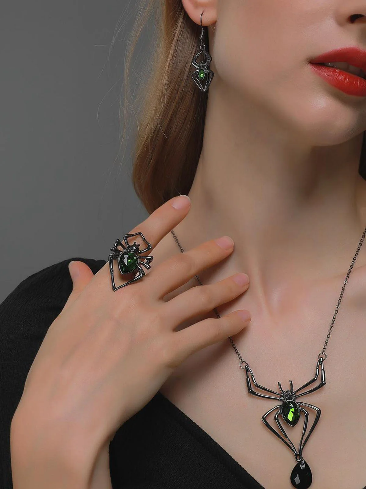 3PCS collier et boucles d'oreilles et bague araignée verte - Image 3