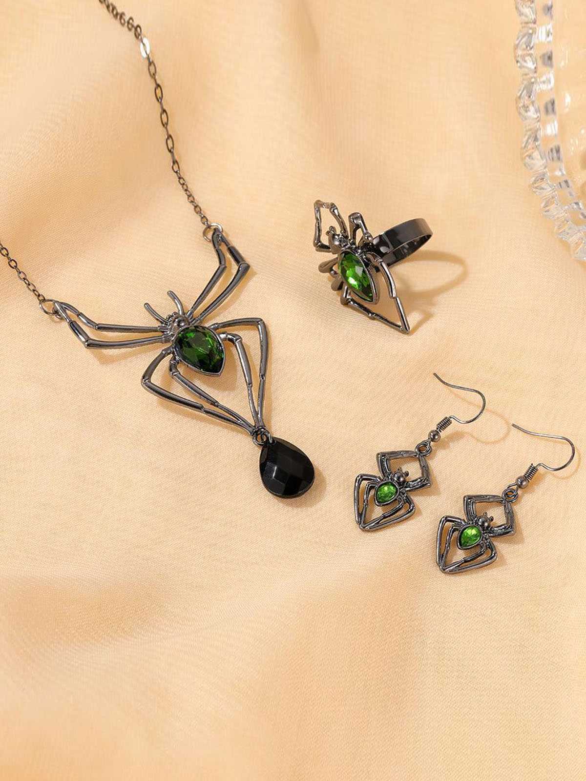 3PCS collier et boucles d'oreilles et bague araignée verte - Image 8