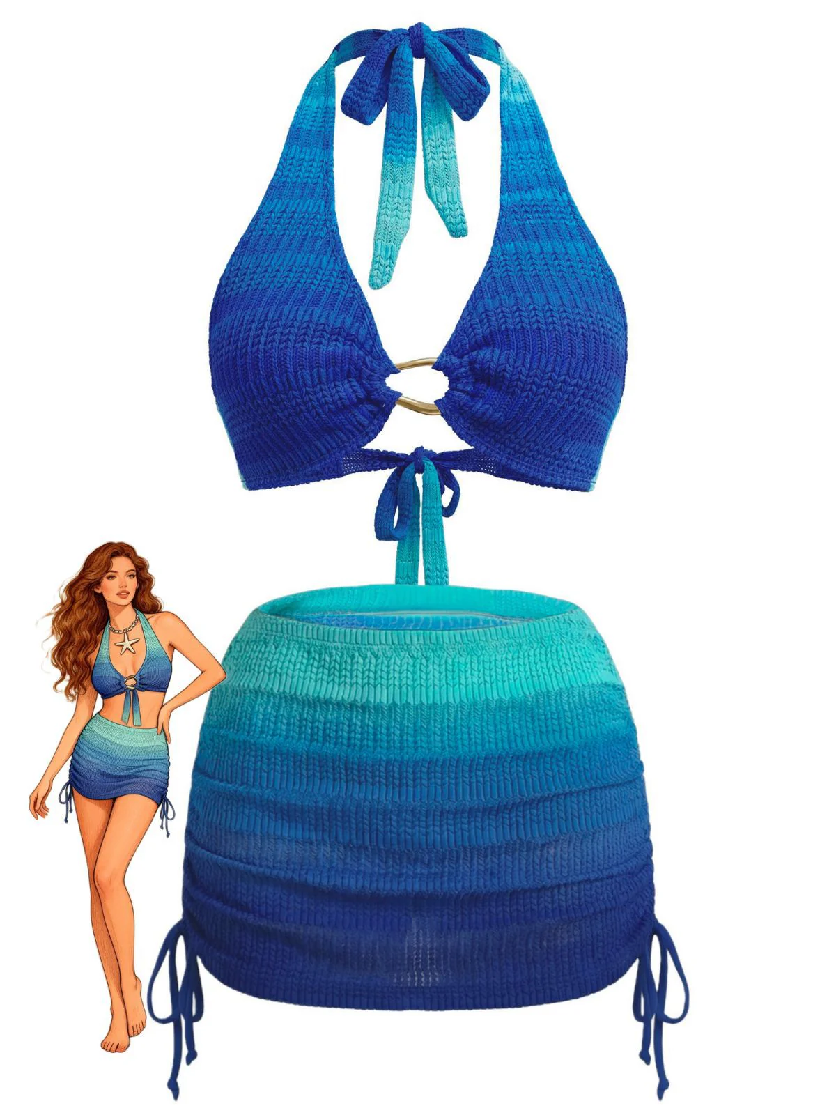 3PCS Ensemble bikini dégradé bleu jupe plage