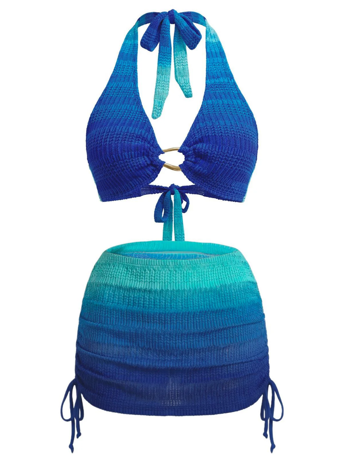 3PCS Ensemble bikini dégradé bleu jupe plage - Image 2