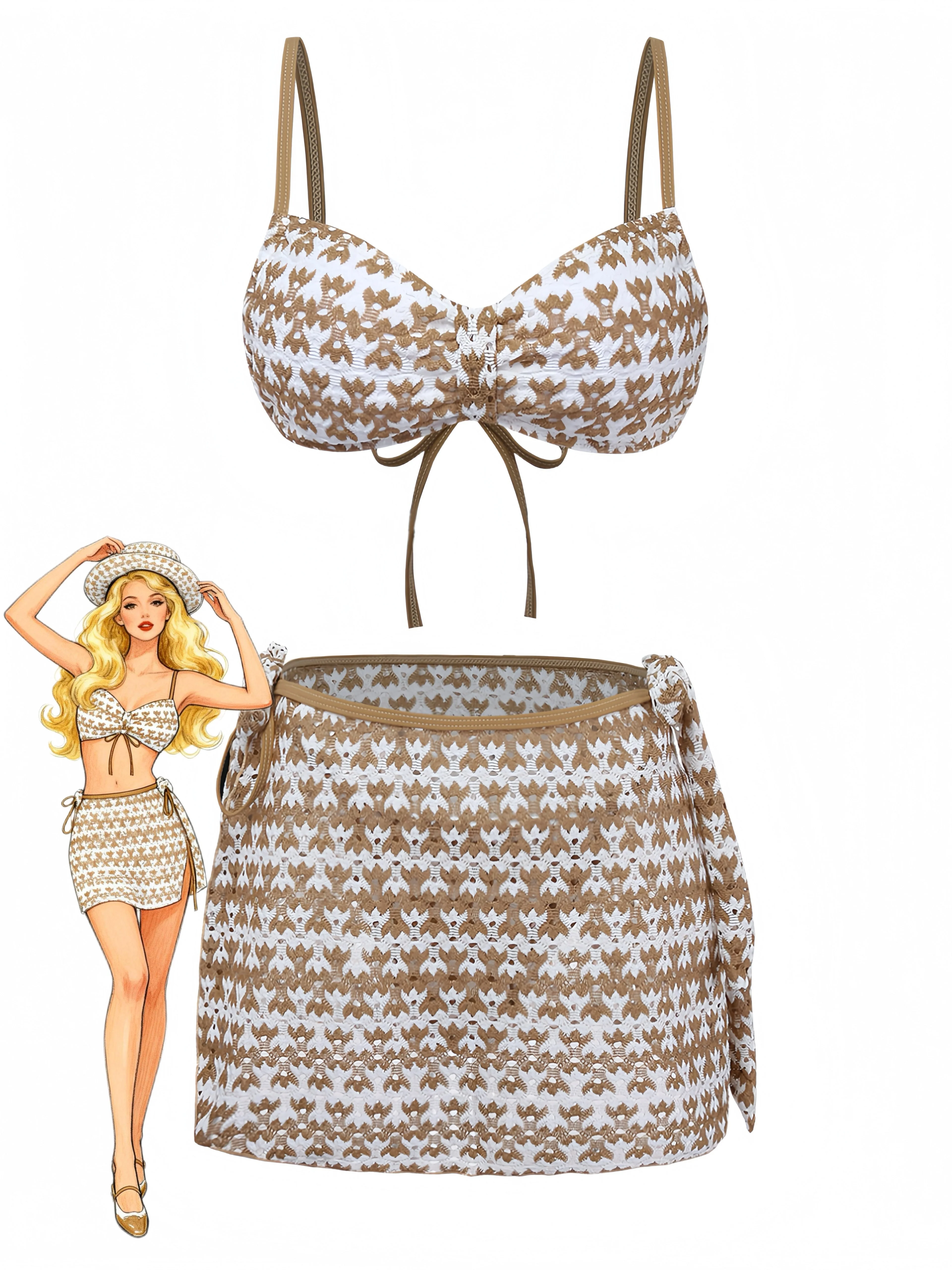 3PCS Ensemble bikini et paréo ajouré crochet kaki années 1950
