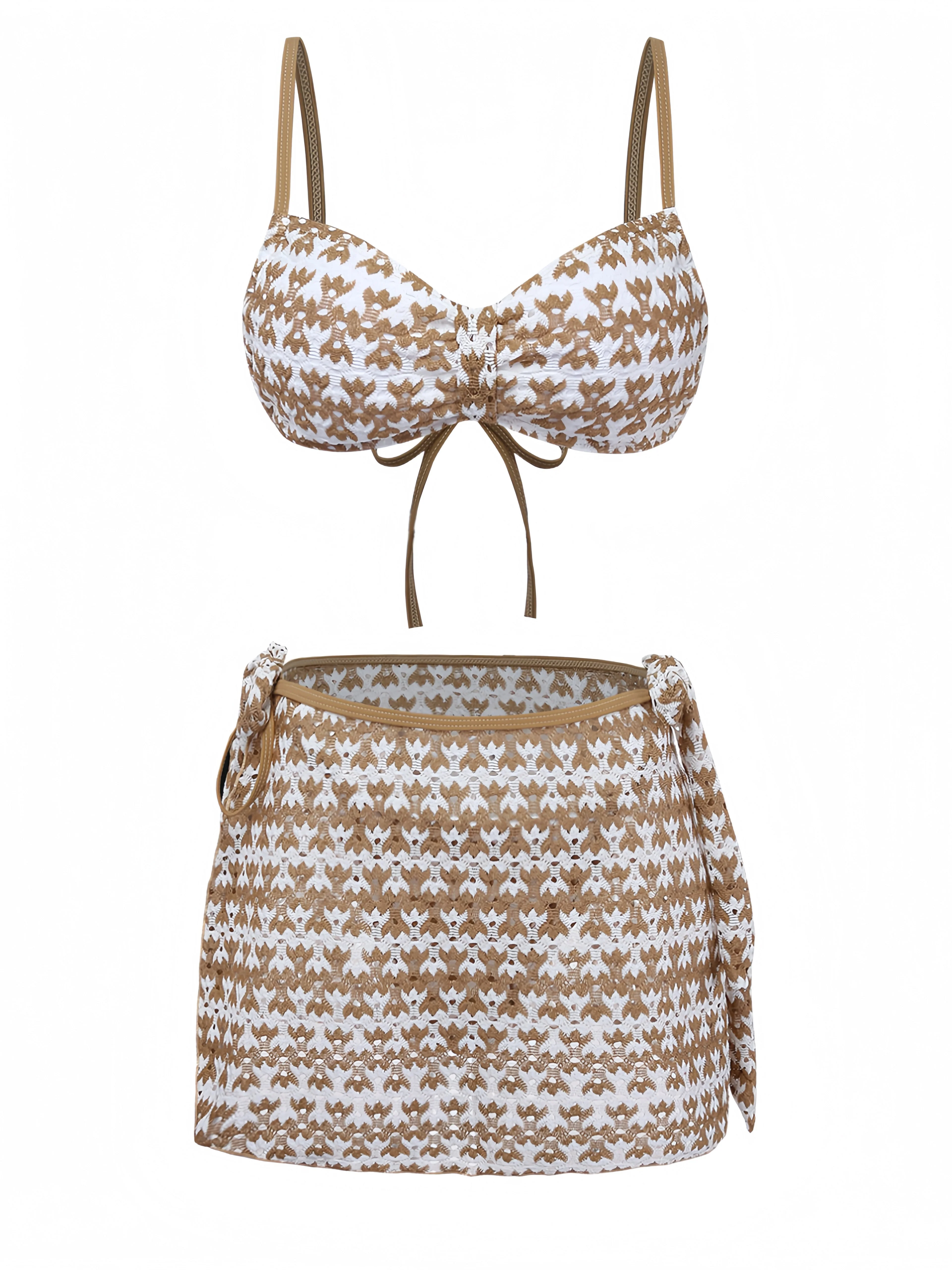 3PCS Ensemble bikini et paréo ajouré crochet kaki années 1950 - Image 2