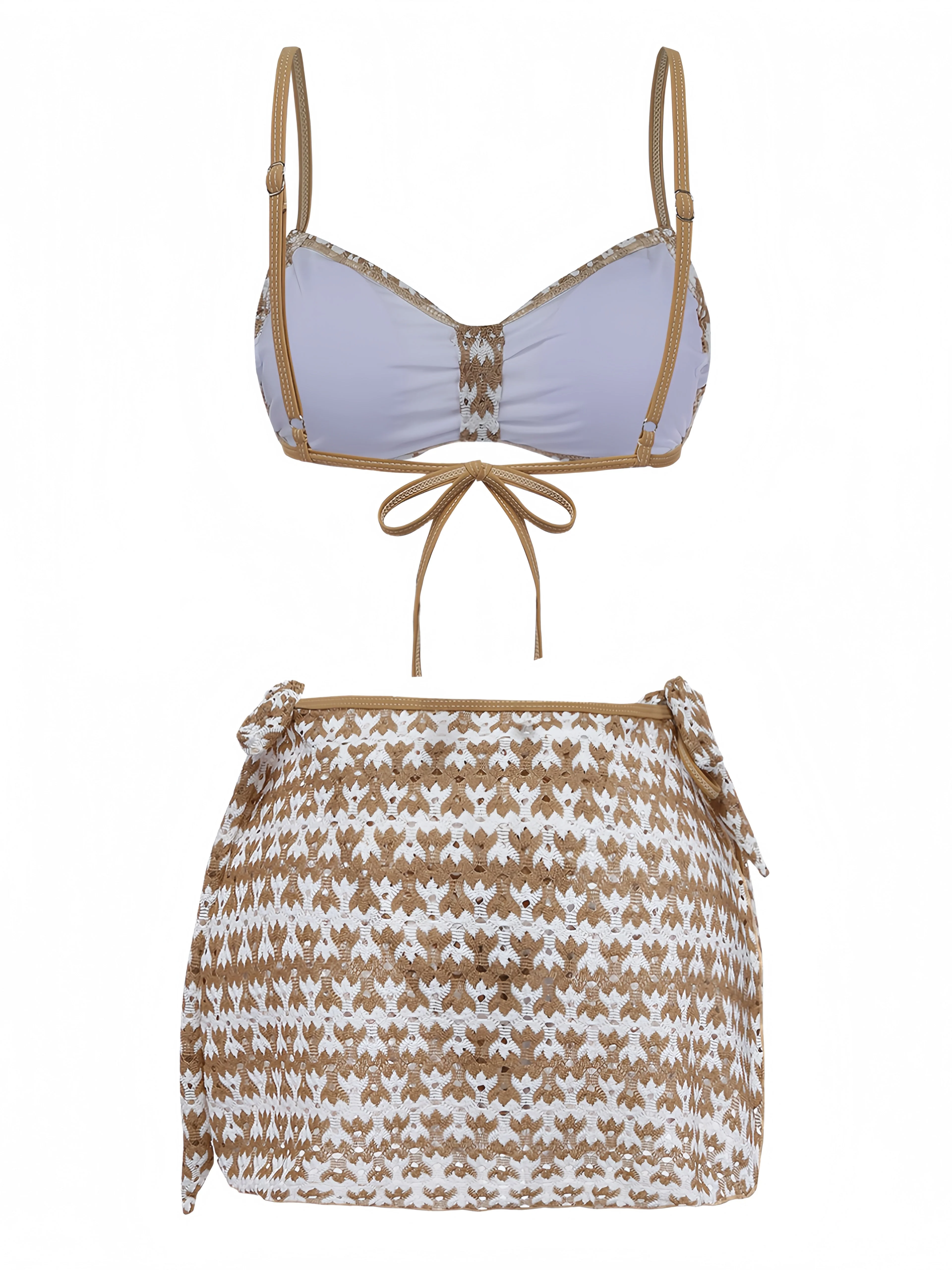 3PCS Ensemble bikini et paréo ajouré crochet kaki années 1950 - Image 3