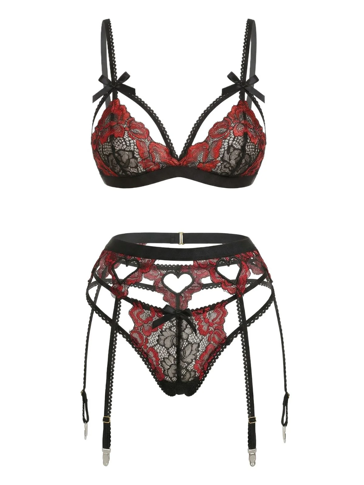 3PCS Ensemble De Lingerie Dentelle Noire Motif Cœur Année 1960 - Image 2