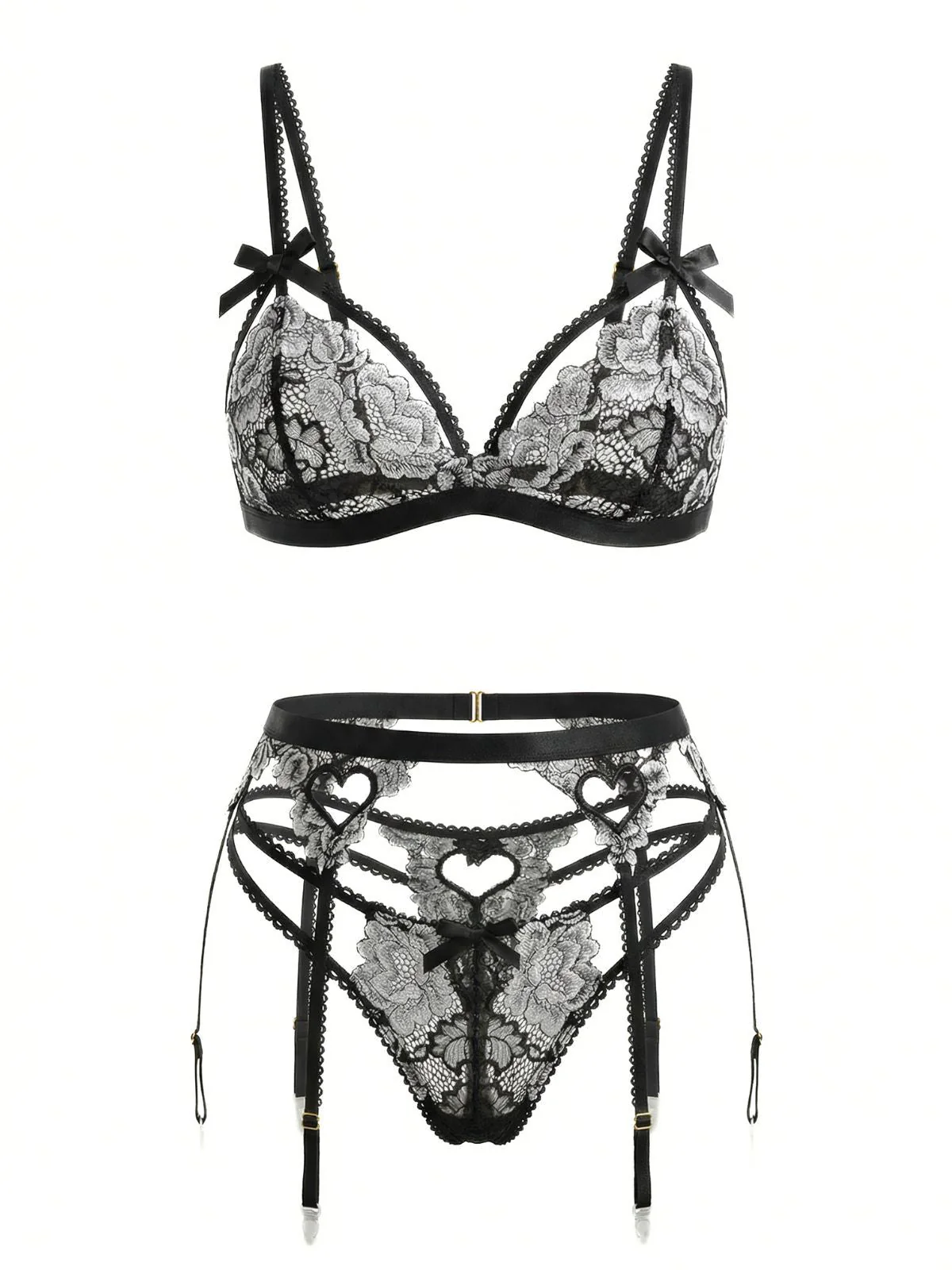 3PCS Ensemble De Lingerie Dentelle Noire Motif Cœur Année 1960 - Image 5