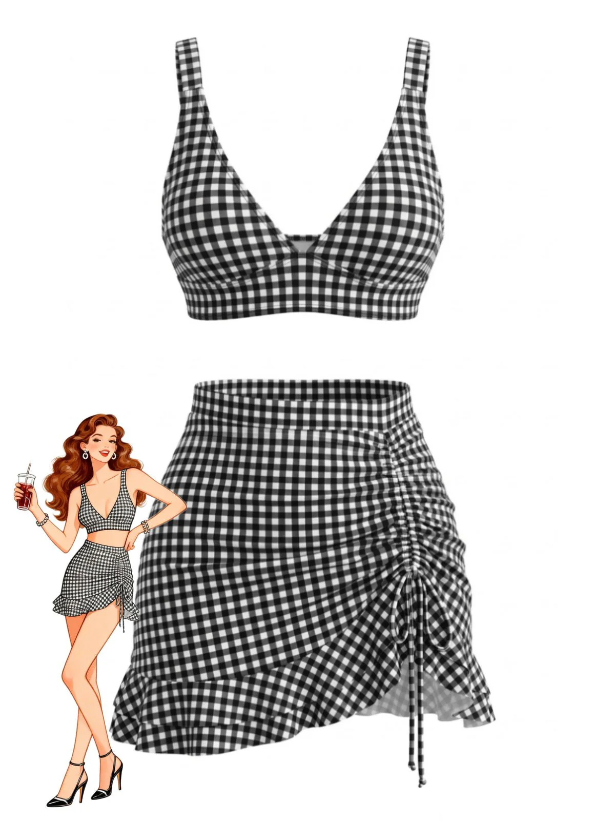 3PCS Ensemble tankini carreaux ourlet volanté et cordon serrage années 1950