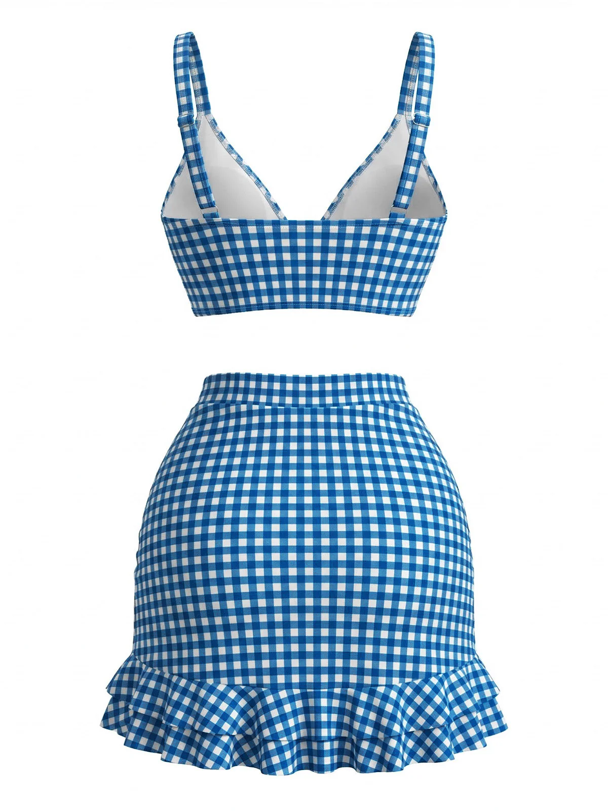 3PCS Ensemble tankini carreaux ourlet volanté et cordon serrage années 1950 - Image 10