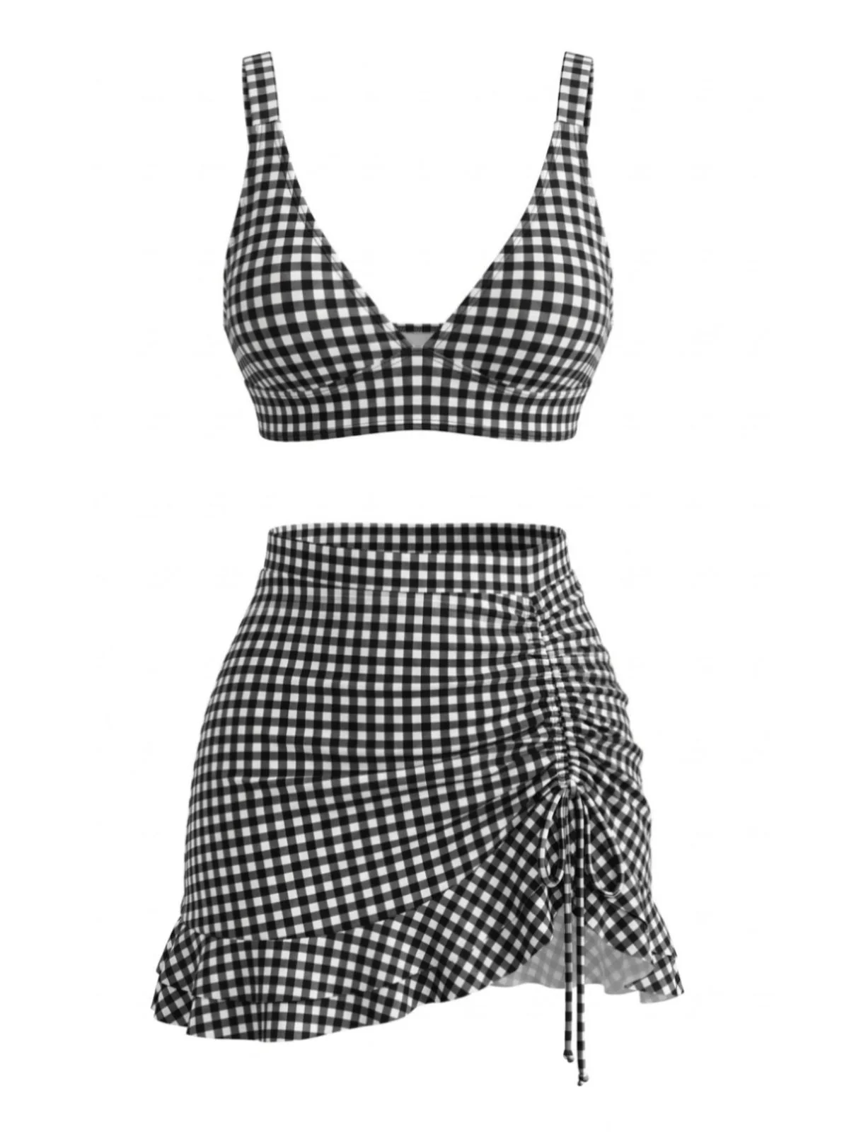 3PCS Ensemble tankini carreaux ourlet volanté et cordon serrage années 1950 - Image 5