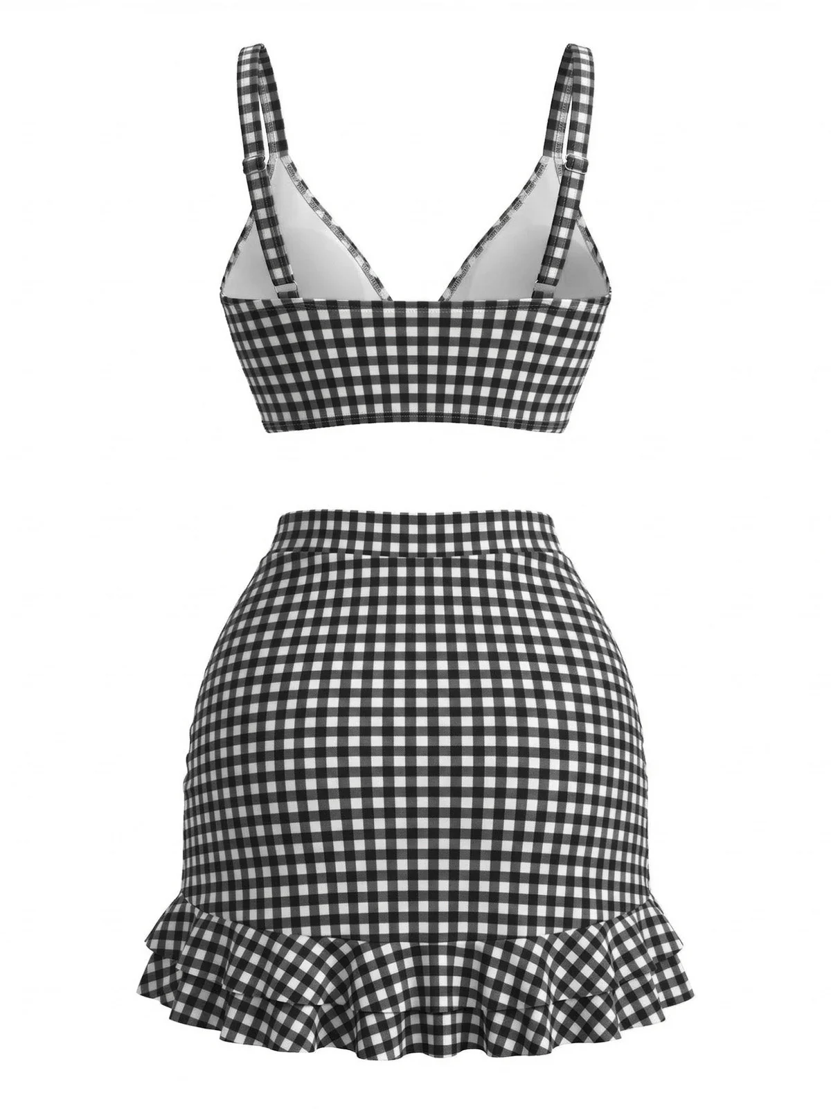 3PCS Ensemble tankini carreaux ourlet volanté et cordon serrage années 1950 - Image 6