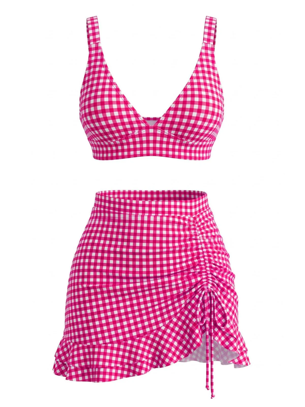 3PCS Ensemble tankini carreaux ourlet volanté et cordon serrage années 1950 - Image 7