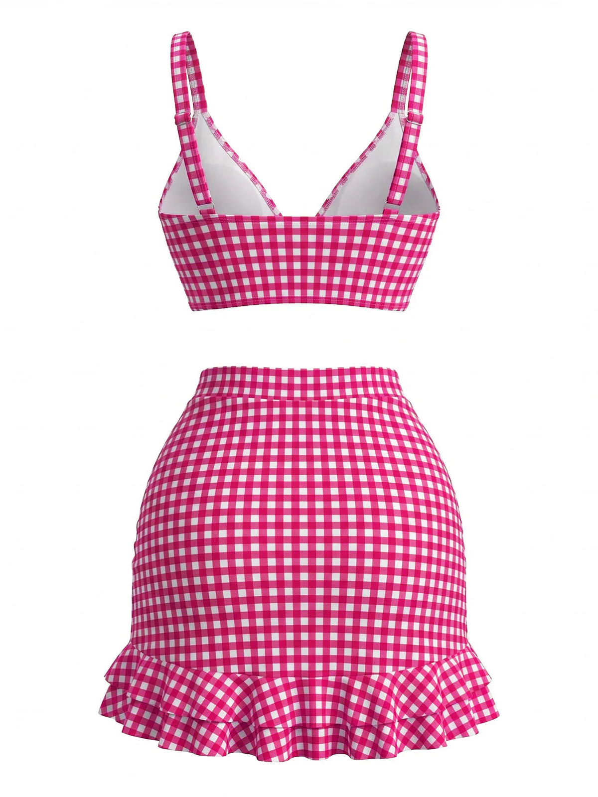 3PCS Ensemble tankini carreaux ourlet volanté et cordon serrage années 1950 - Image 8