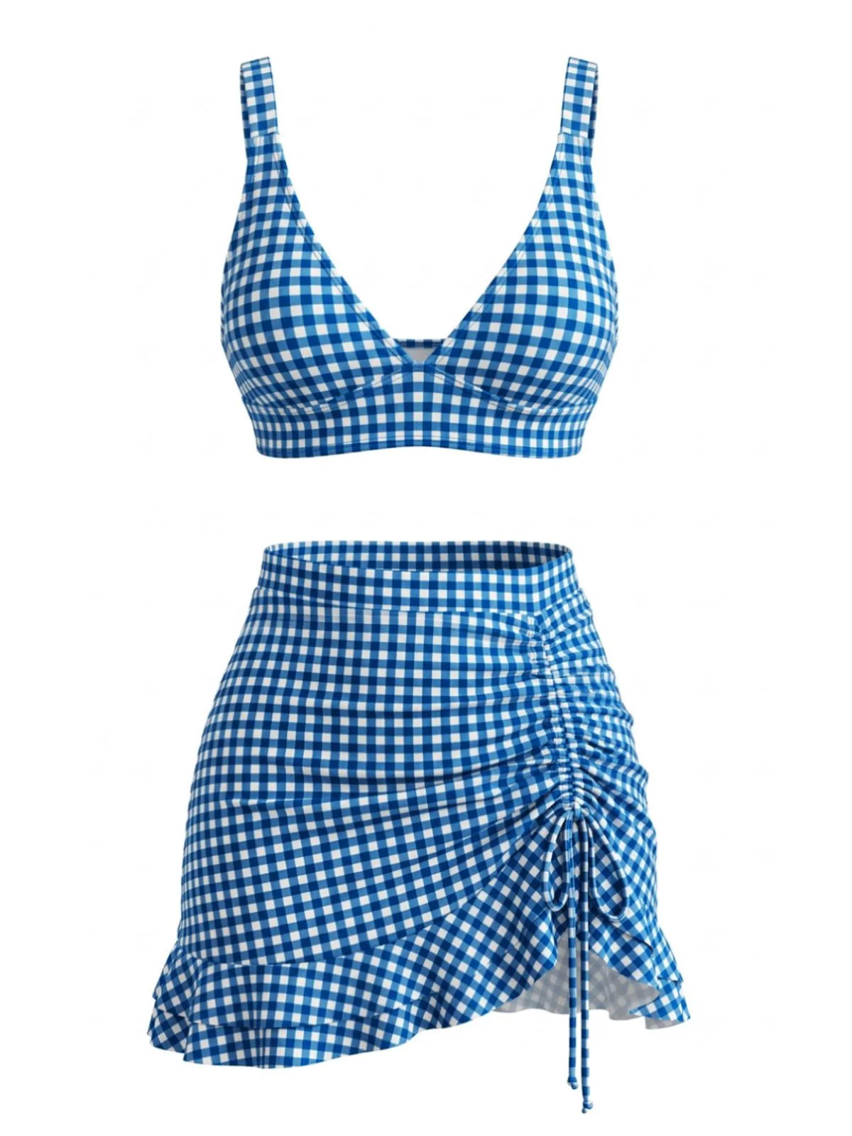 3PCS Ensemble tankini carreaux ourlet volanté et cordon serrage années 1950 - Image 9
