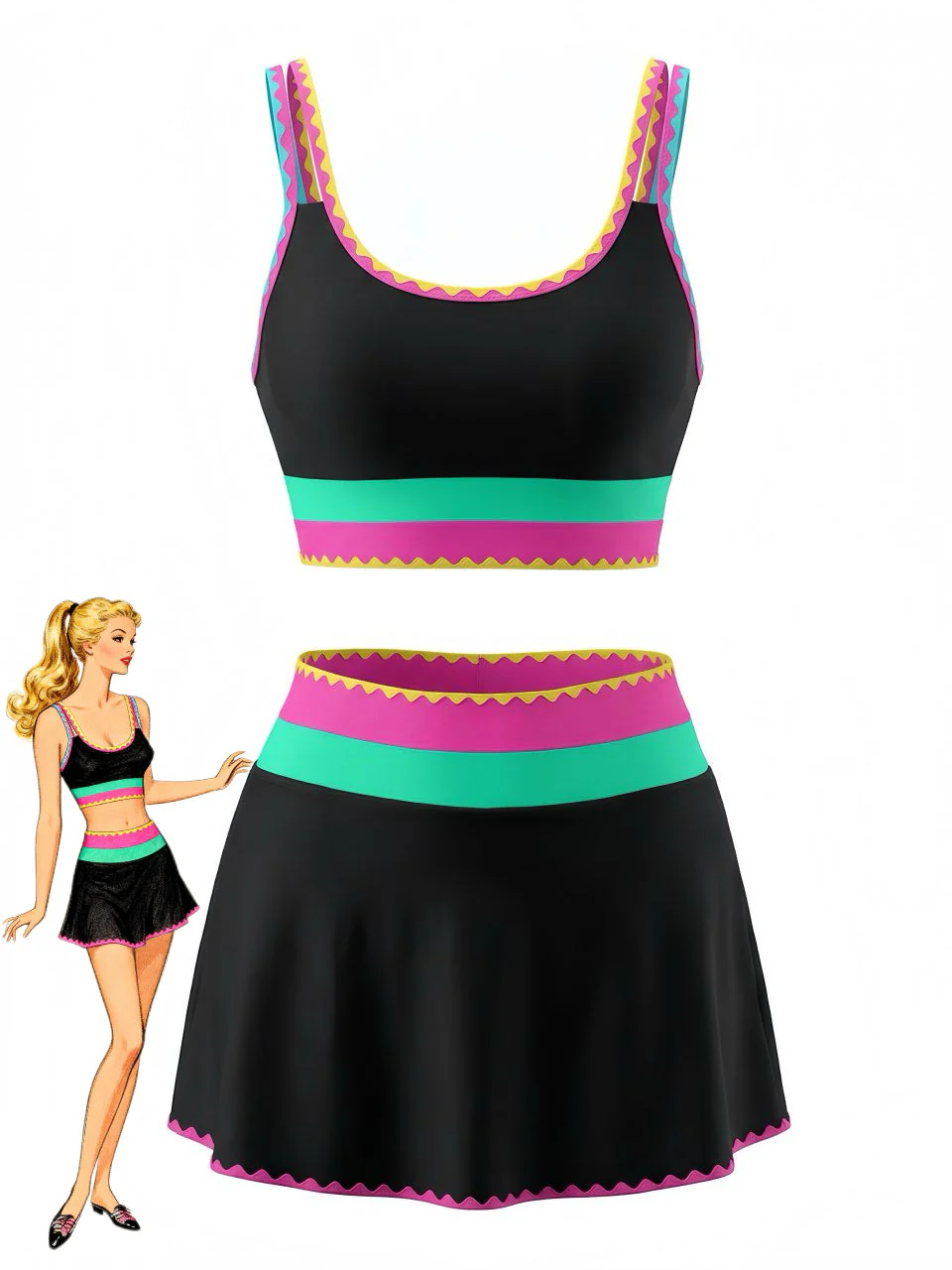 3PCS Ensemble tankini et paréo bordure zigzag contrastée années 1950