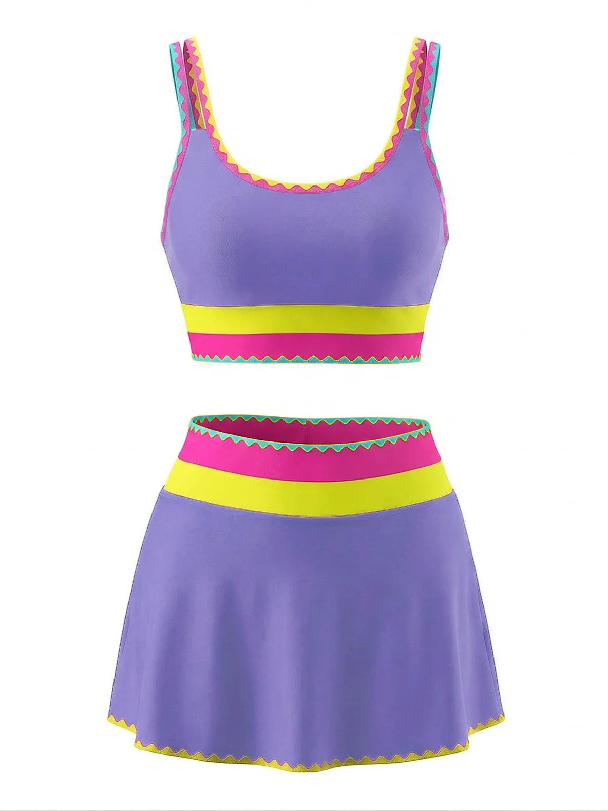 3PCS Ensemble tankini et paréo bordure zigzag contrastée années 1950 - Image 11
