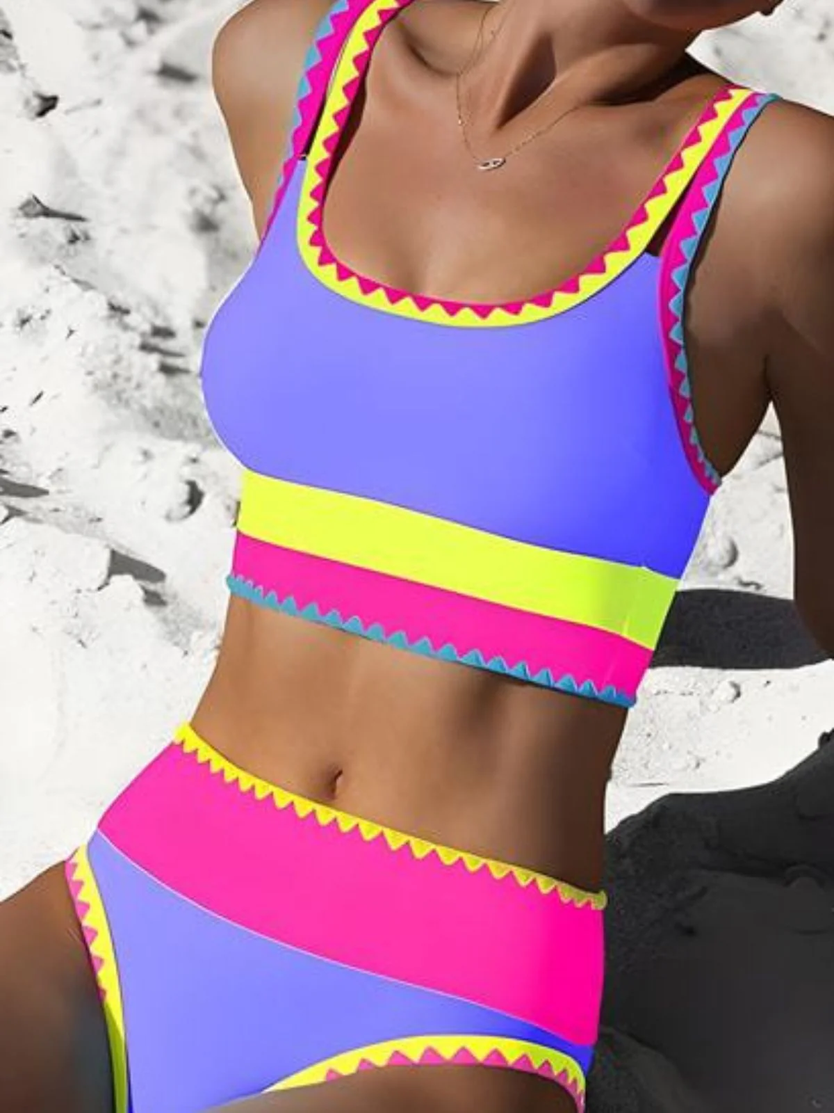 3PCS Ensemble tankini et paréo bordure zigzag contrastée années 1950 - Image 12