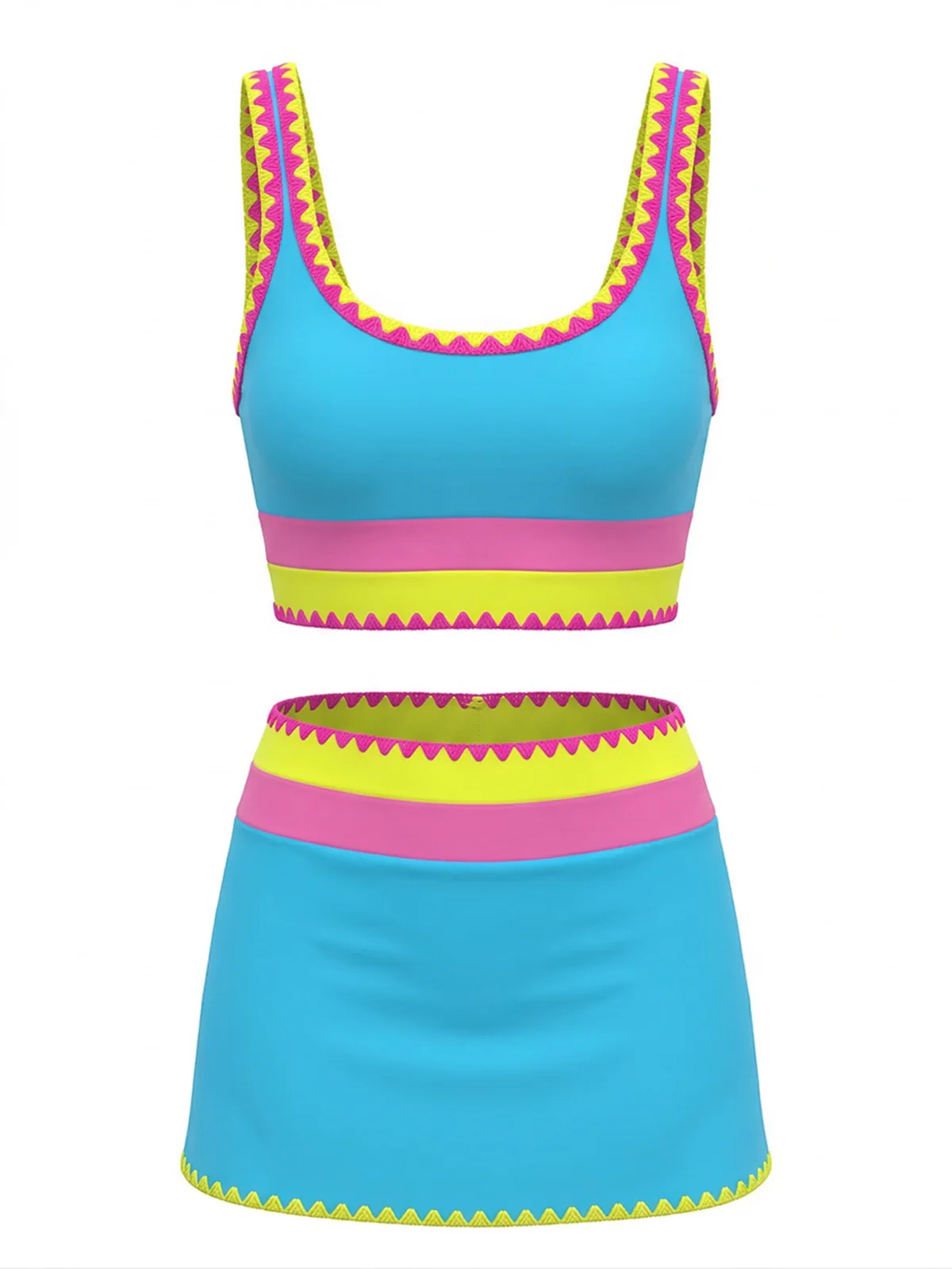 3PCS Ensemble tankini et paréo bordure zigzag contrastée années 1950 - Image 15