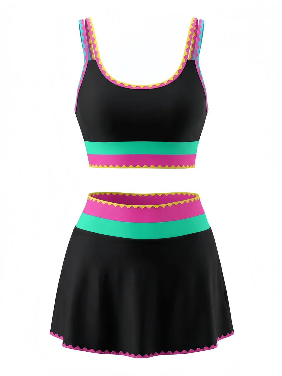 3PCS Ensemble tankini et paréo bordure zigzag contrastée années 1950 - Image 2