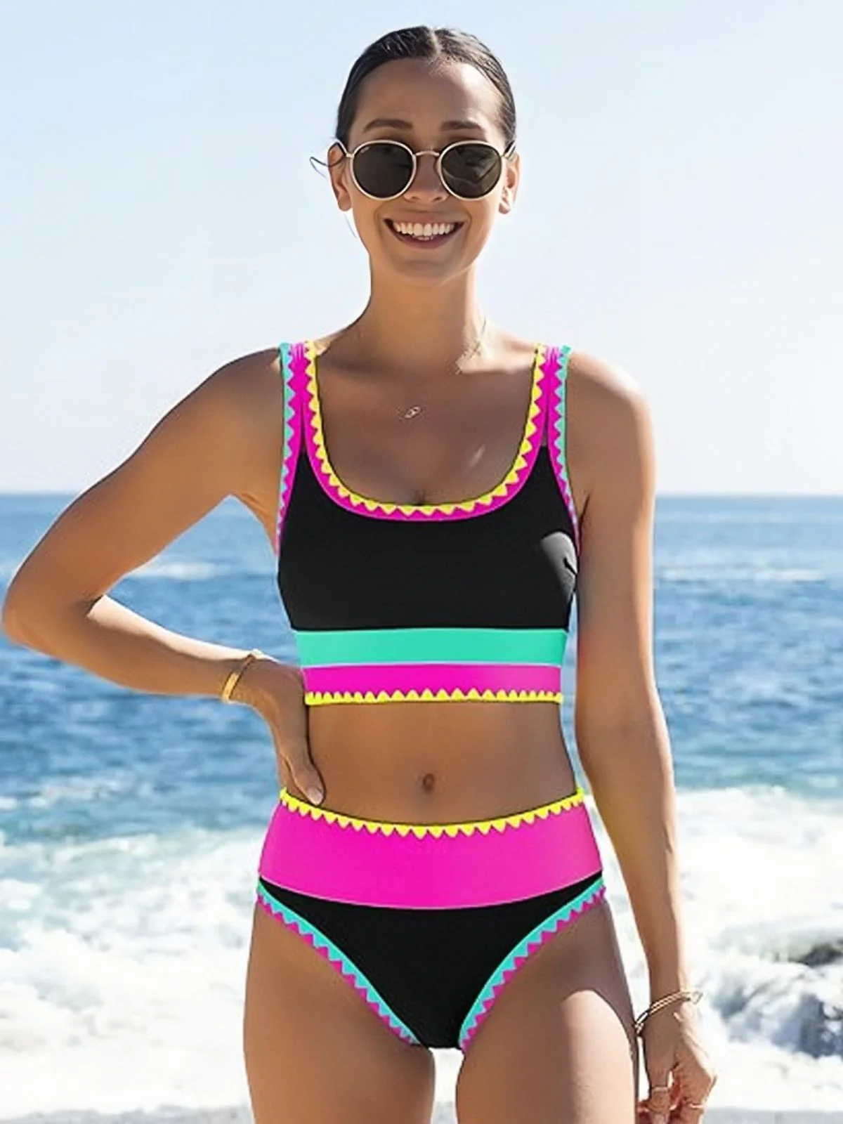 3PCS Ensemble tankini et paréo bordure zigzag contrastée années 1950 - Image 5