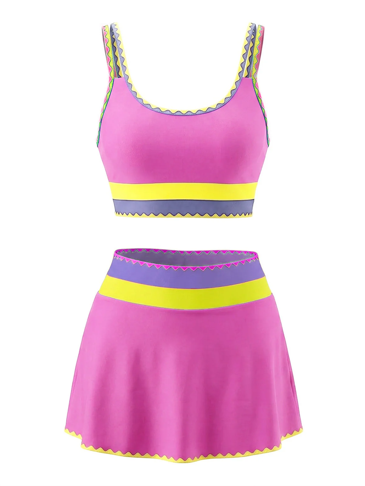 3PCS Ensemble tankini et paréo bordure zigzag contrastée années 1950 - Image 7