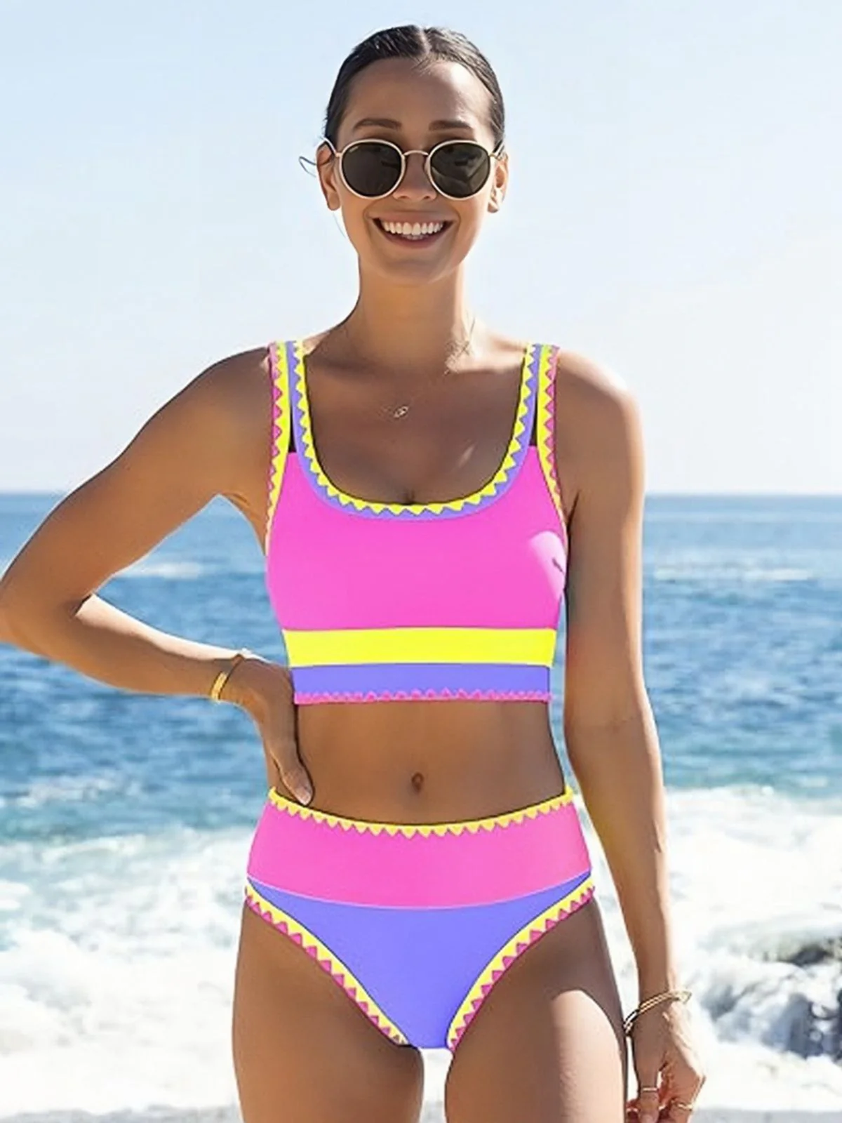 3PCS Ensemble tankini et paréo bordure zigzag contrastée années 1950 - Image 8
