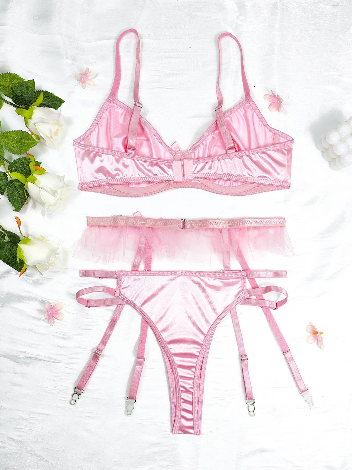 3PCS Ensembles de lingerie avec porte-jarretelles en satin des années 1950 - Image 2