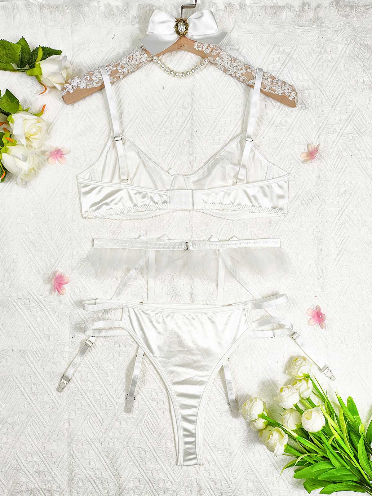 3PCS Ensembles de lingerie avec porte-jarretelles en satin des années 1950 - Image 6