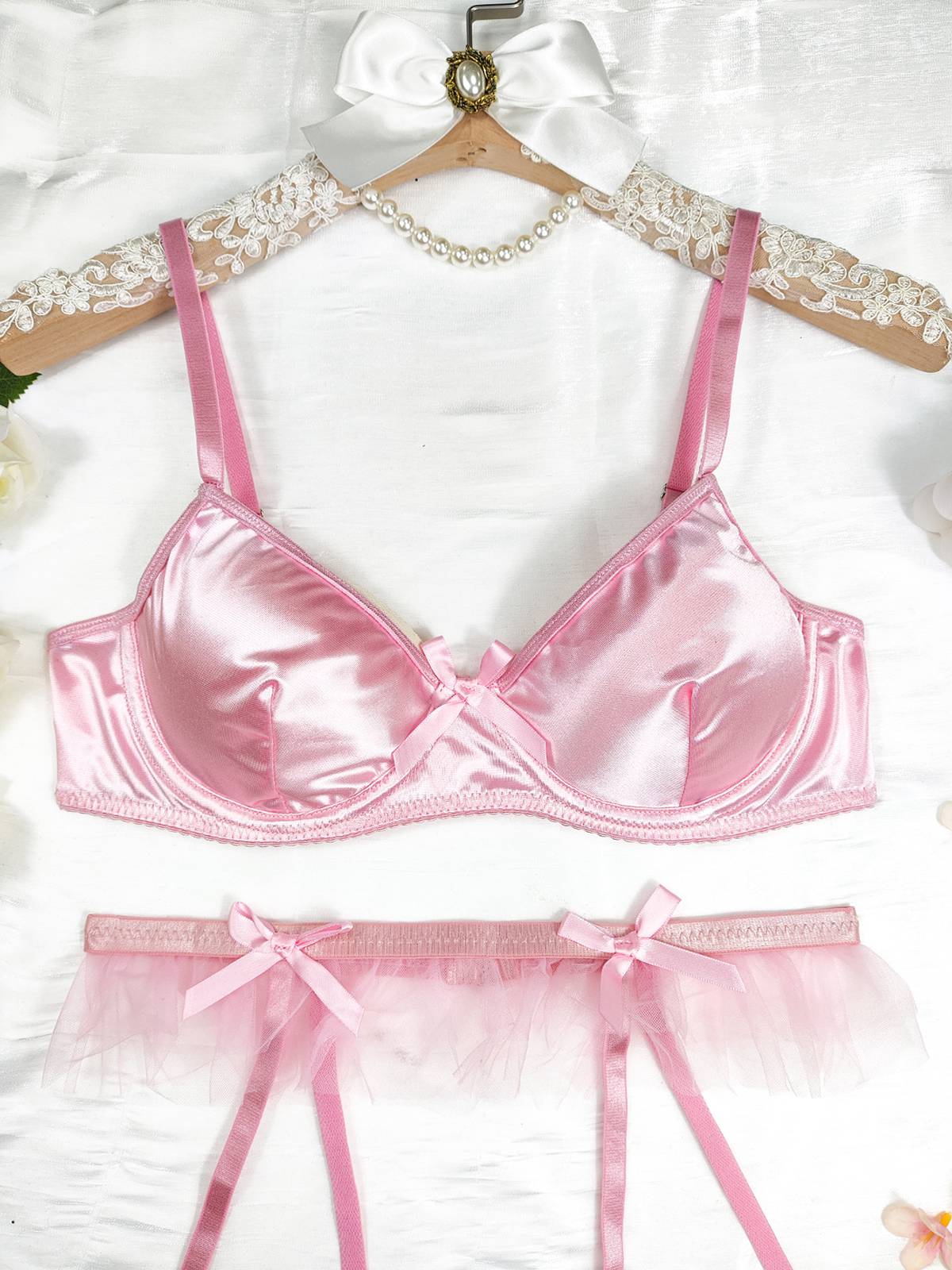 3PCS Ensembles de lingerie avec porte-jarretelles en satin des années 1950 - Image 7