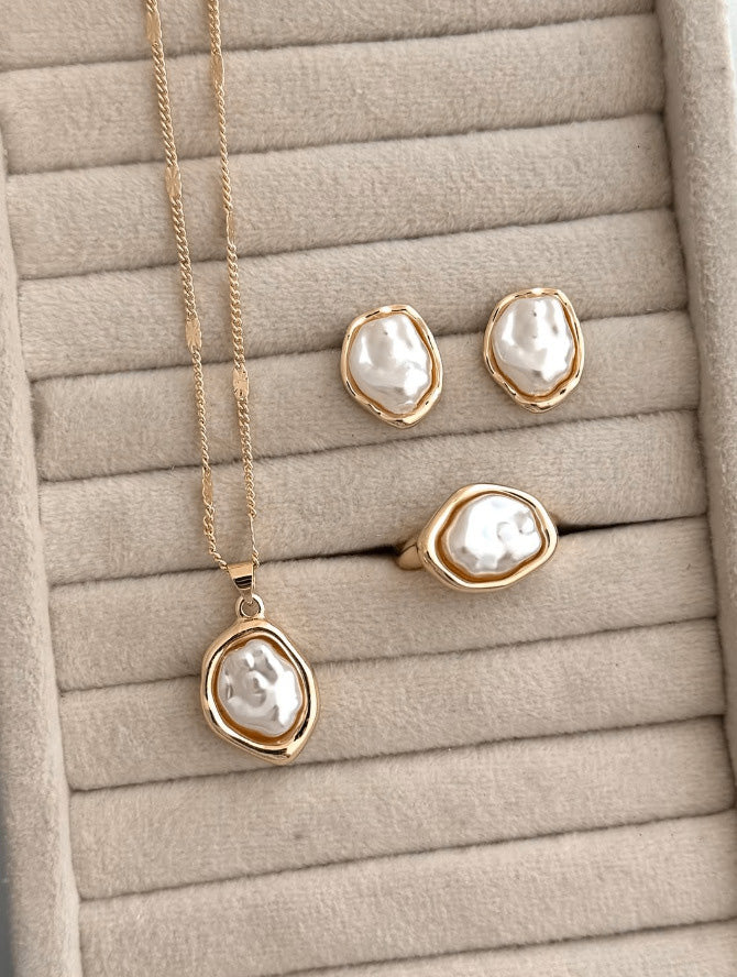 3PCS Parure Bijoux Dorée Perle Baroque - Image 4
