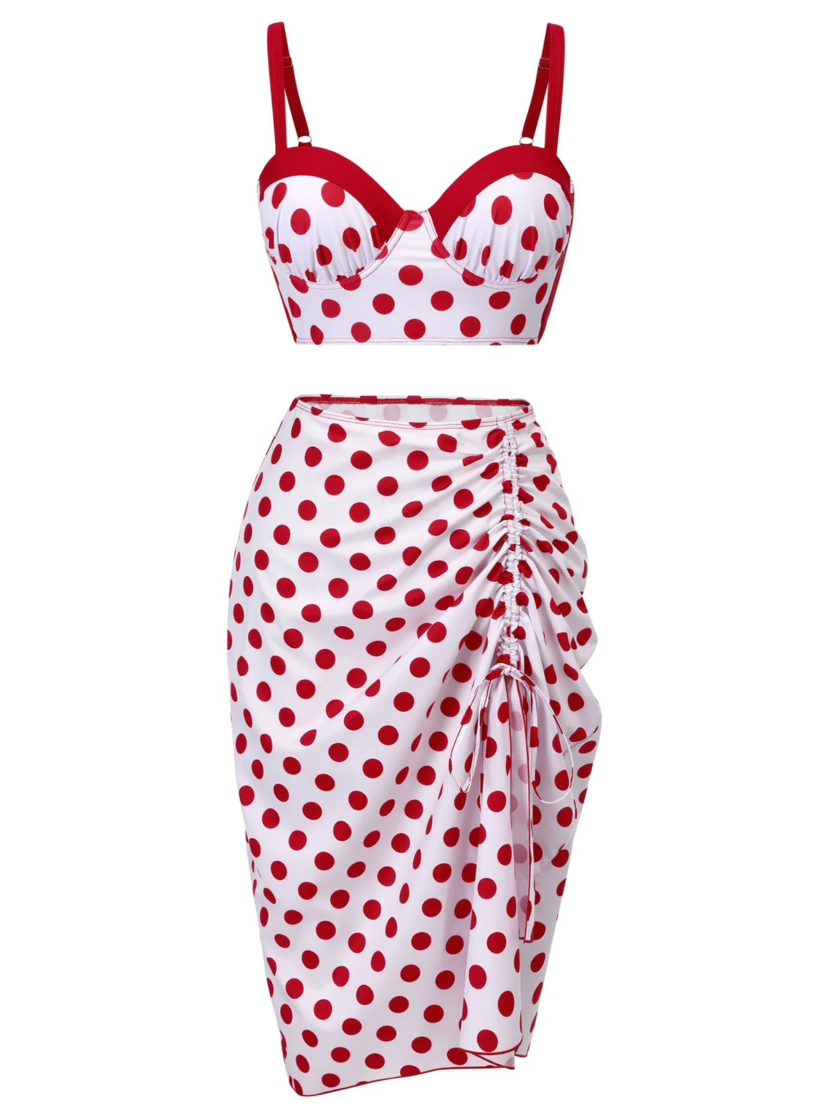 3PCS Maillot de bain rouge plissé à pois années 1950 - Image 2