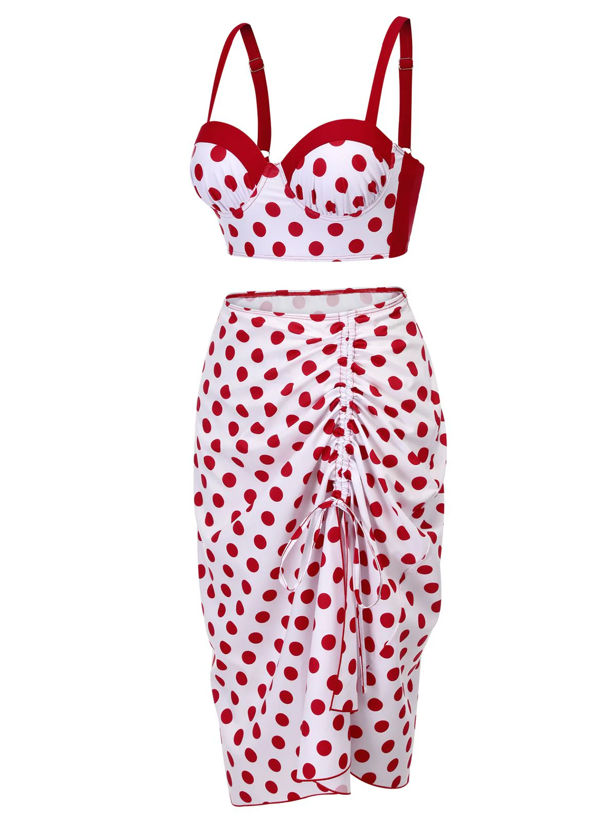 3PCS Maillot de bain rouge plissé à pois années 1950 - Image 3