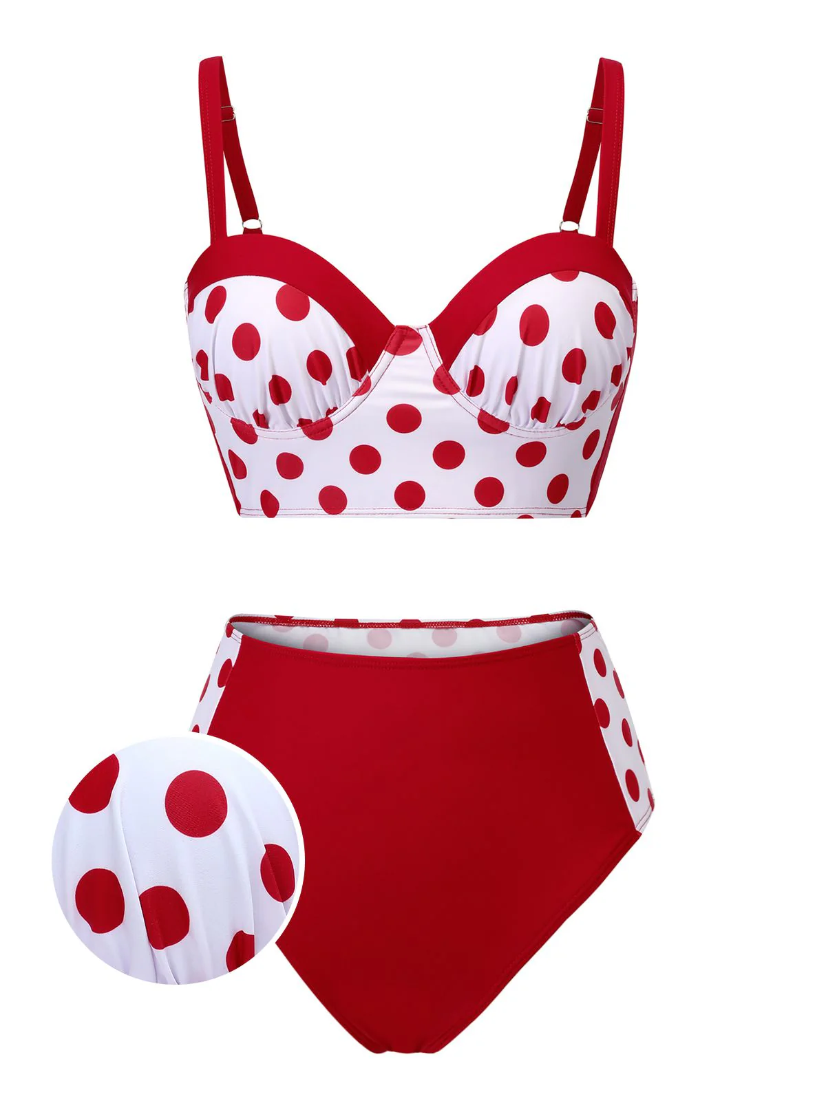 3PCS Maillot de bain rouge plissé à pois années 1950 - Image 6