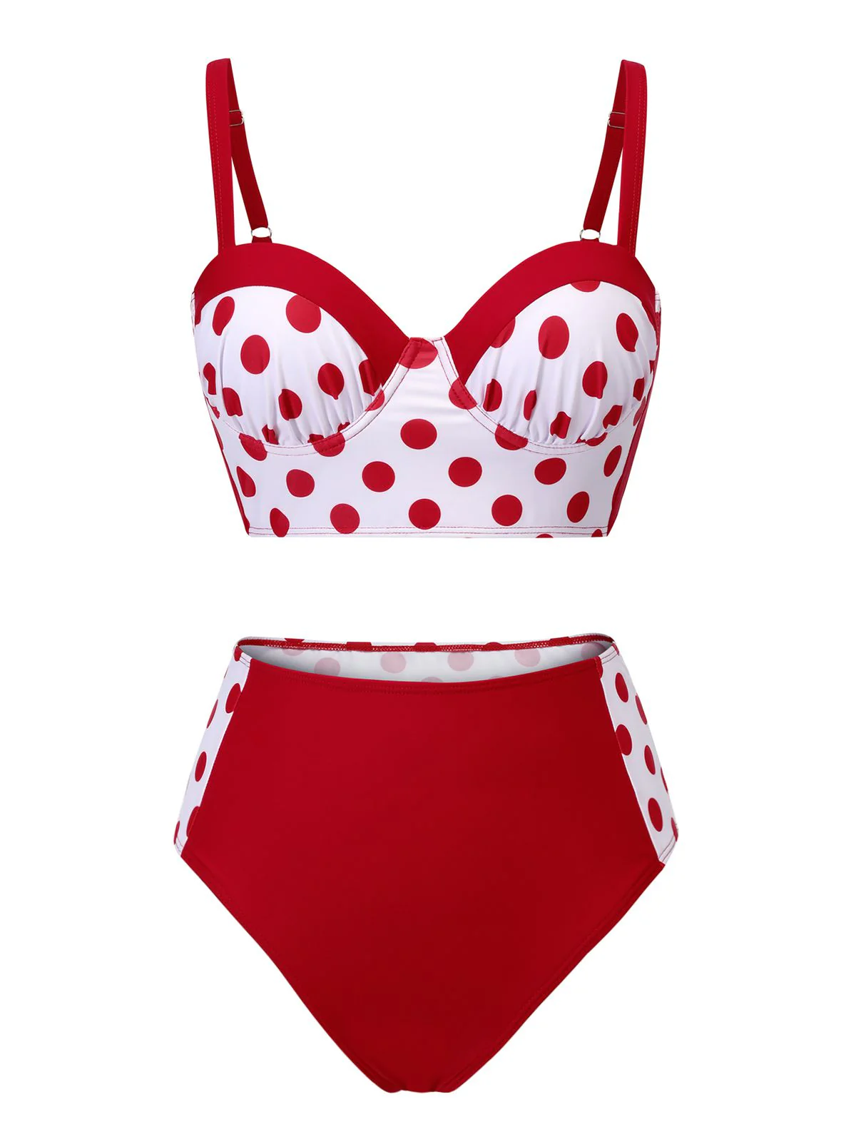 3PCS Maillot de bain rouge plissé à pois années 1950 - Image 7