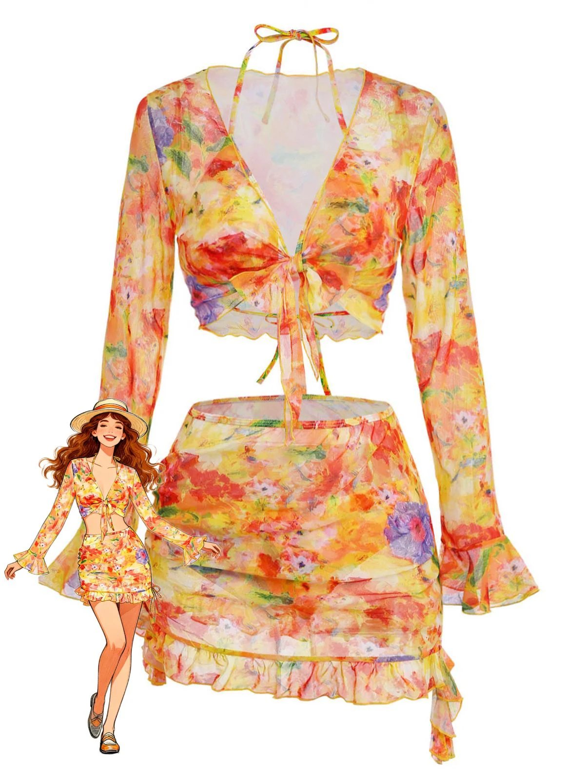 4PCS Bikini et Jupe De Plage À Fleurs Aquarelle Années 1960