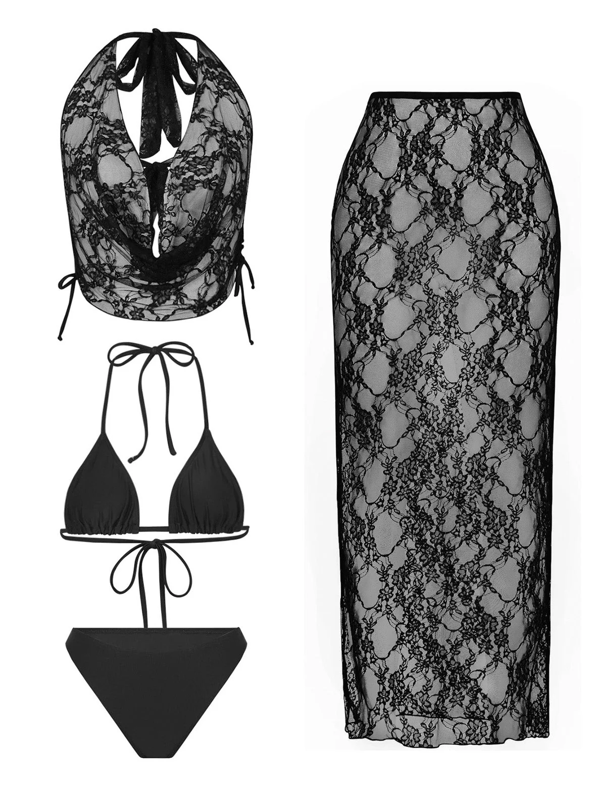 4PCS Ensemble bikini uni et paréo dentelle années 80