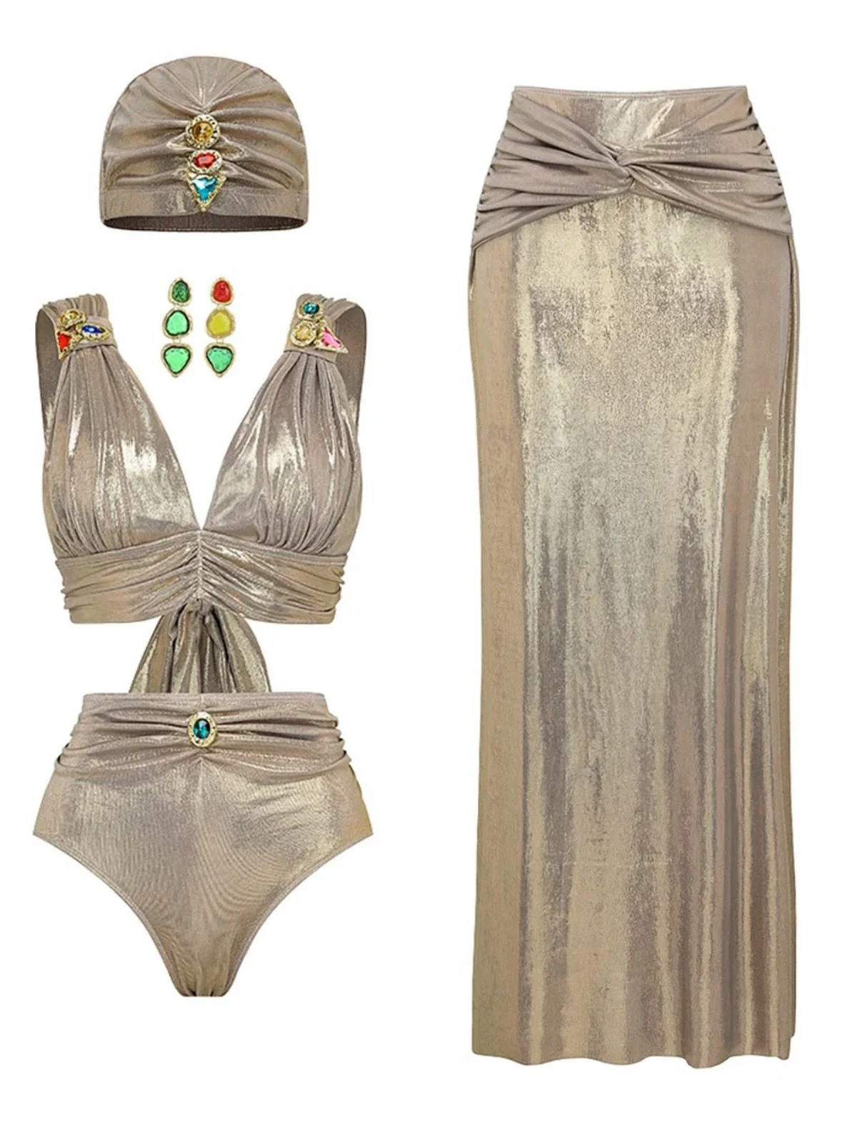 5PCS Ensemble bikini doré métallisé inspiré de l'Égypte antique années 1980 - Image 3