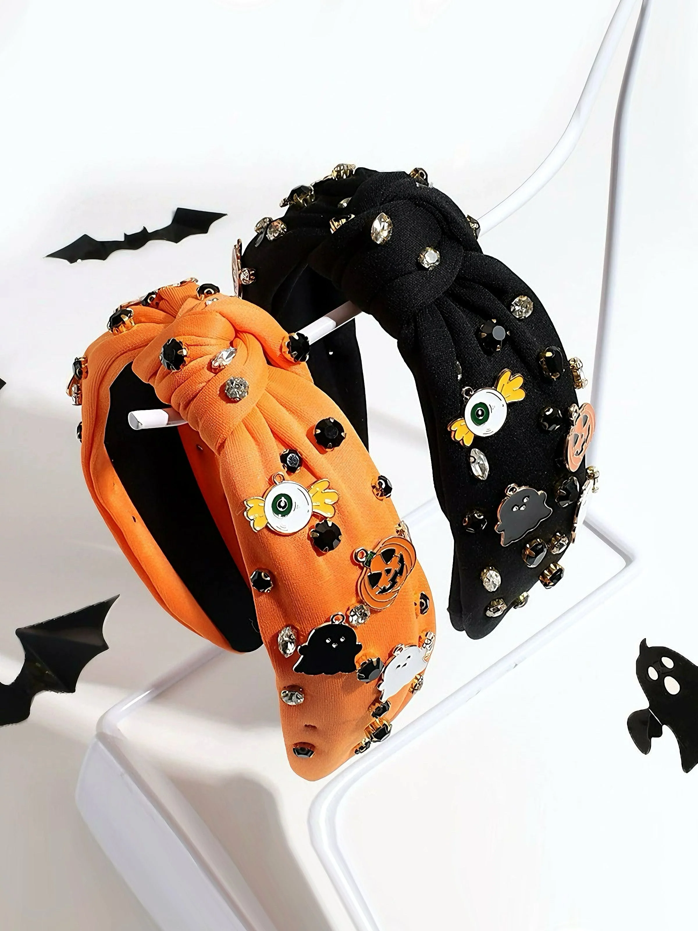 Bandeau noué en strass avec citrouille et fantôme du diable