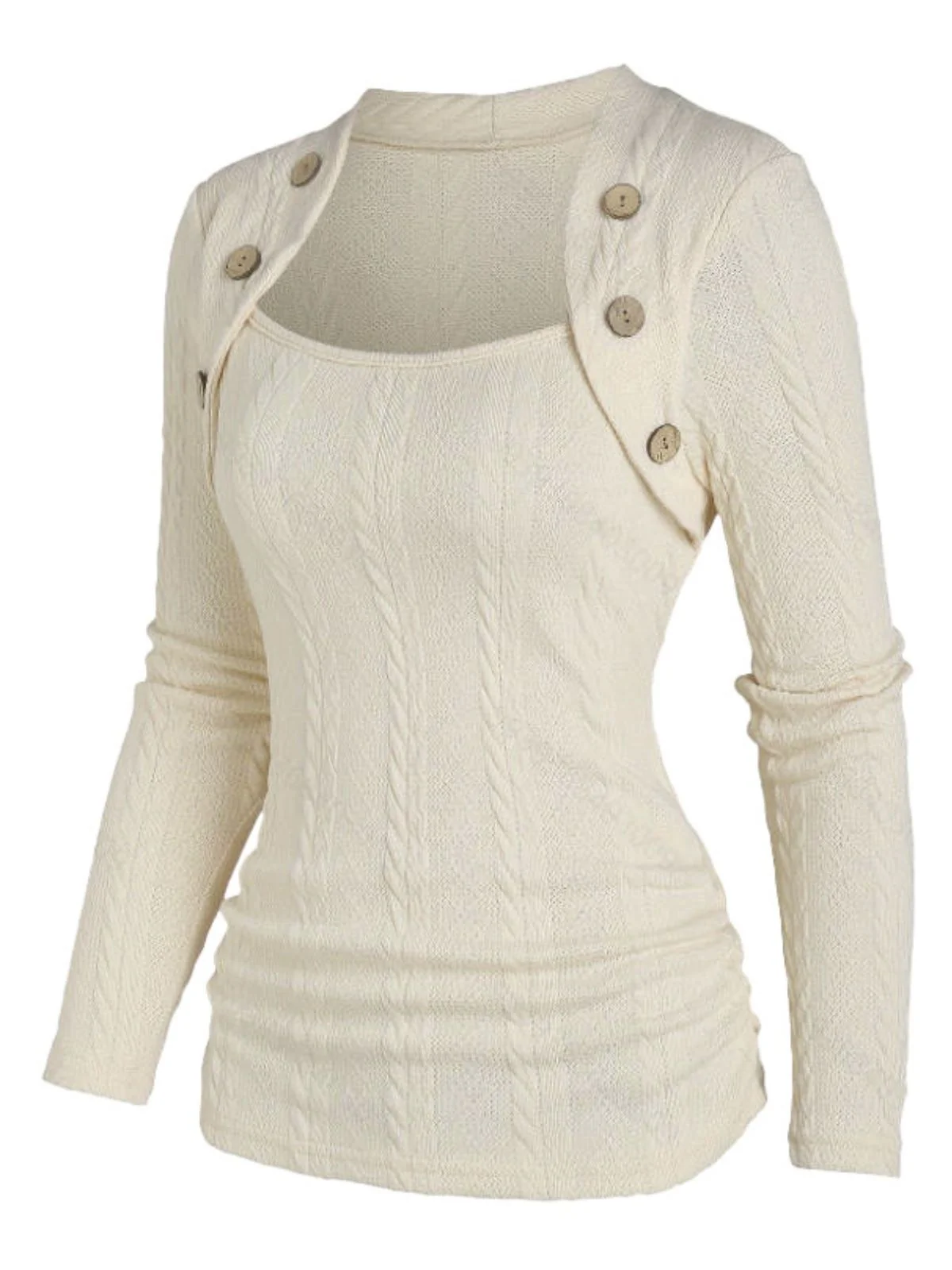 Beige 1960s Solid Faux Button Knitted Sweater - Image 2