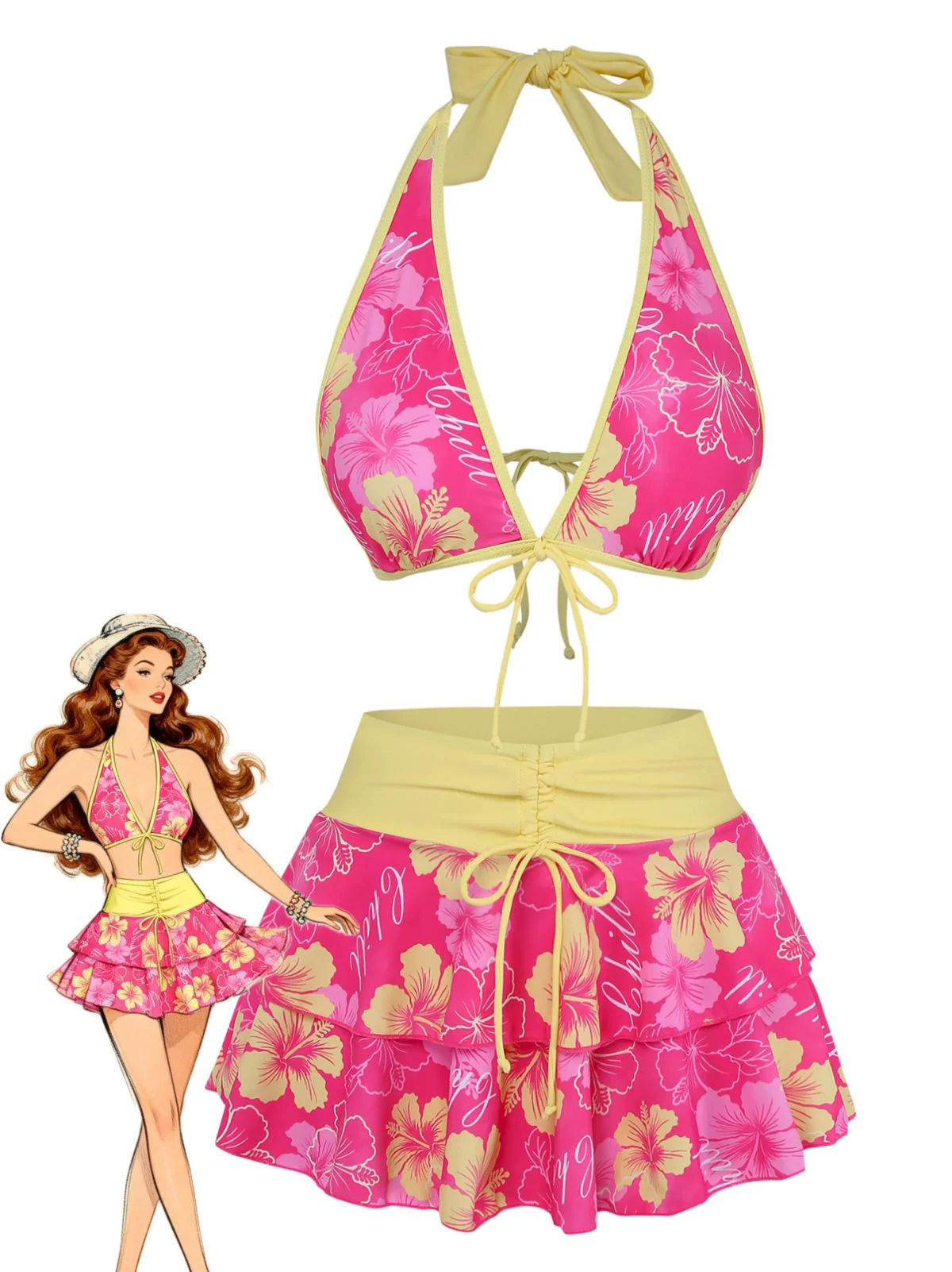 Ensemble bikini rose à imprimé floral et à volants 1960s - Image 5