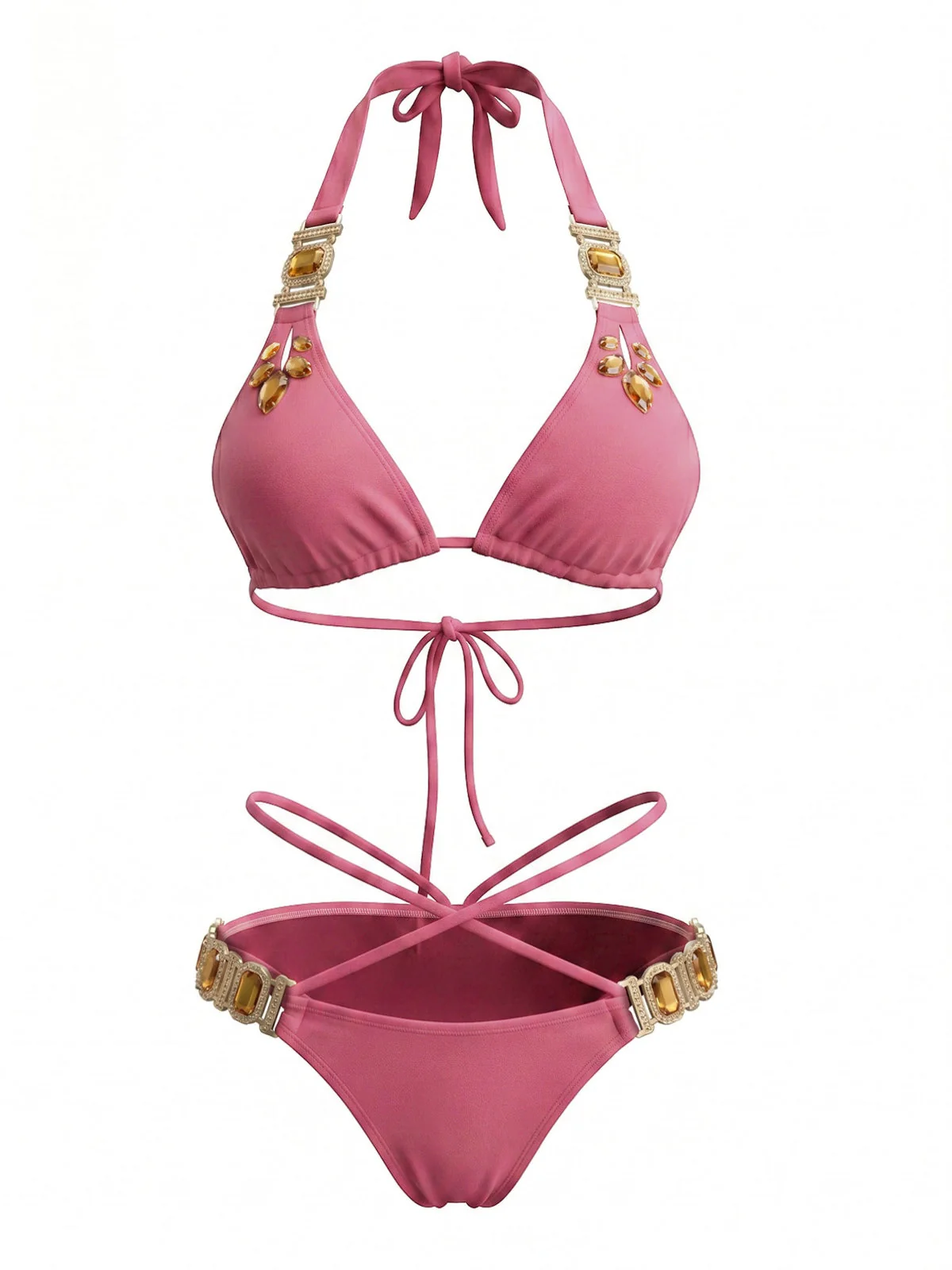 Bikini Col Licou à Lanières et Strass Bleu Années 1980 - Image 10
