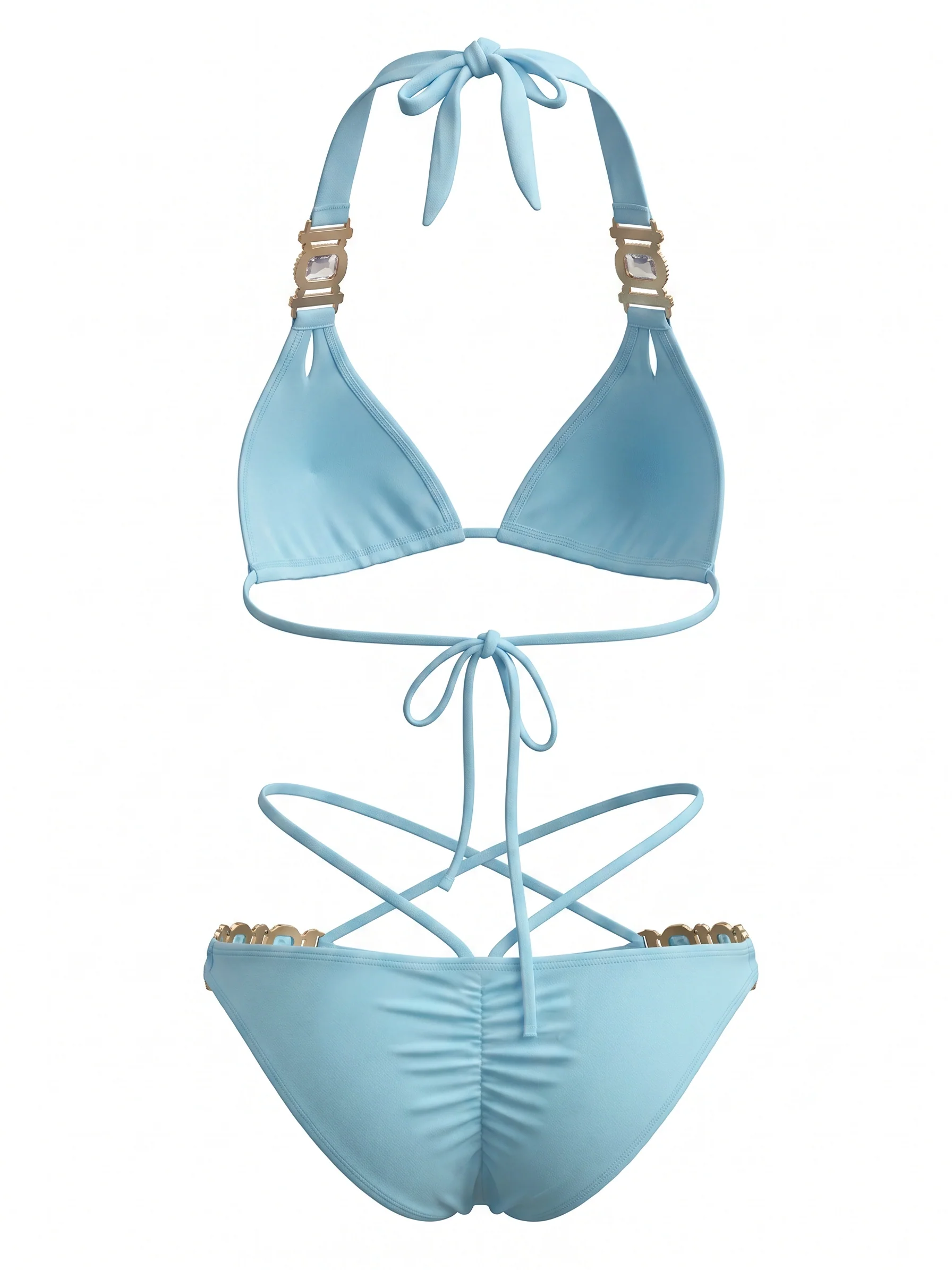 Bikini Col Licou à Lanières et Strass Bleu Années 1980 - Image 3