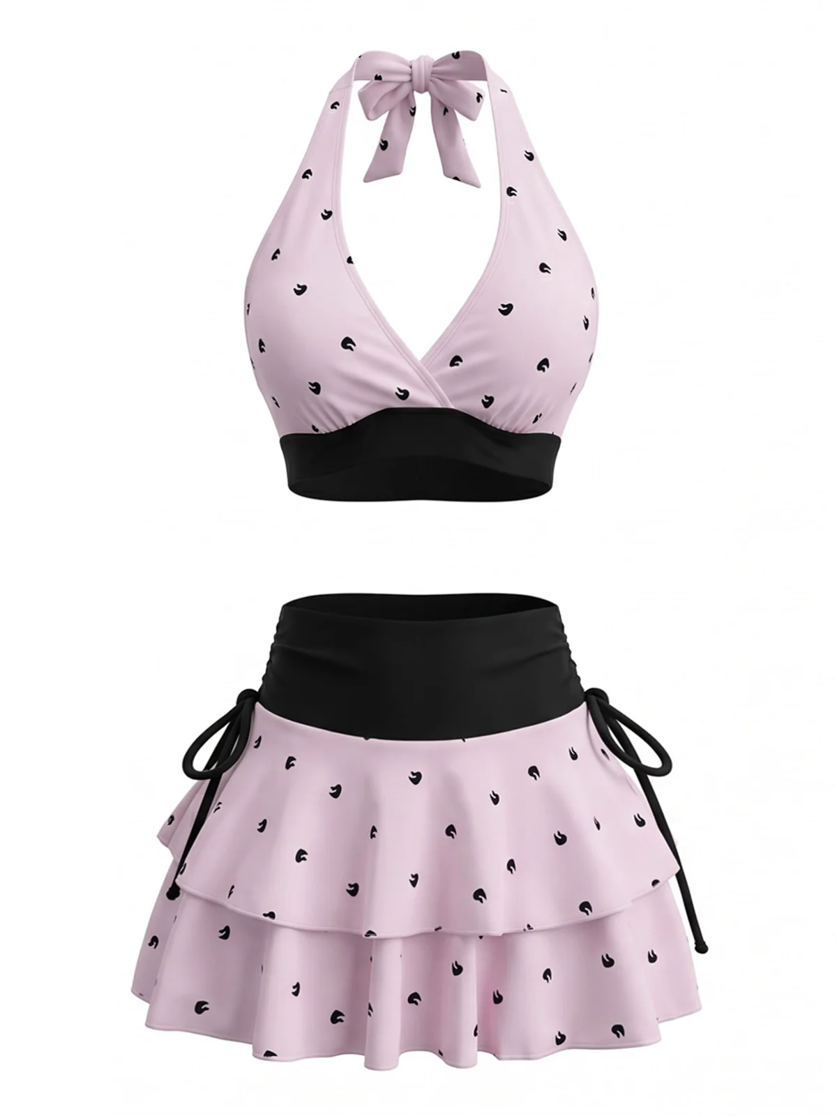 Bikini Col Licou et Cache-Maillot Volants Pois Rose Années 80