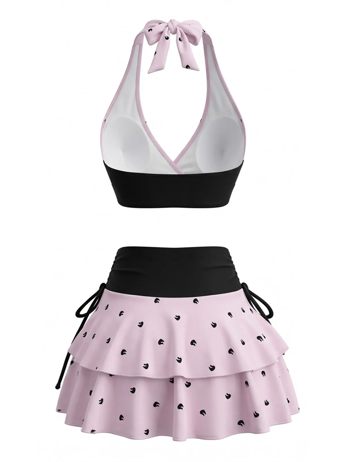 Bikini Col Licou et Cache-Maillot Volants Pois Rose Années 80 - Image 2