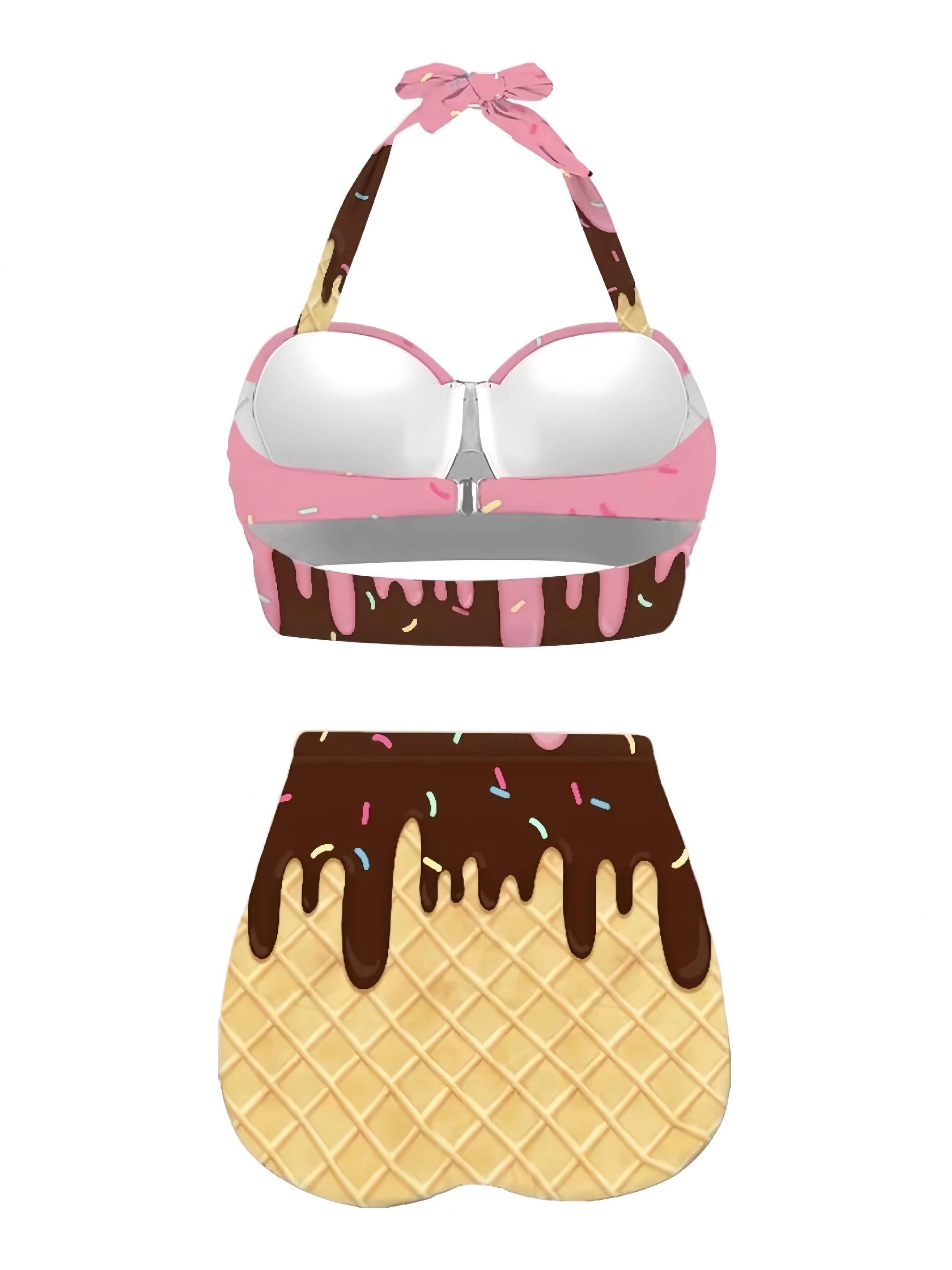 Bikini dos nu à lacets rose imprimé glaces années 1970 - Image 2
