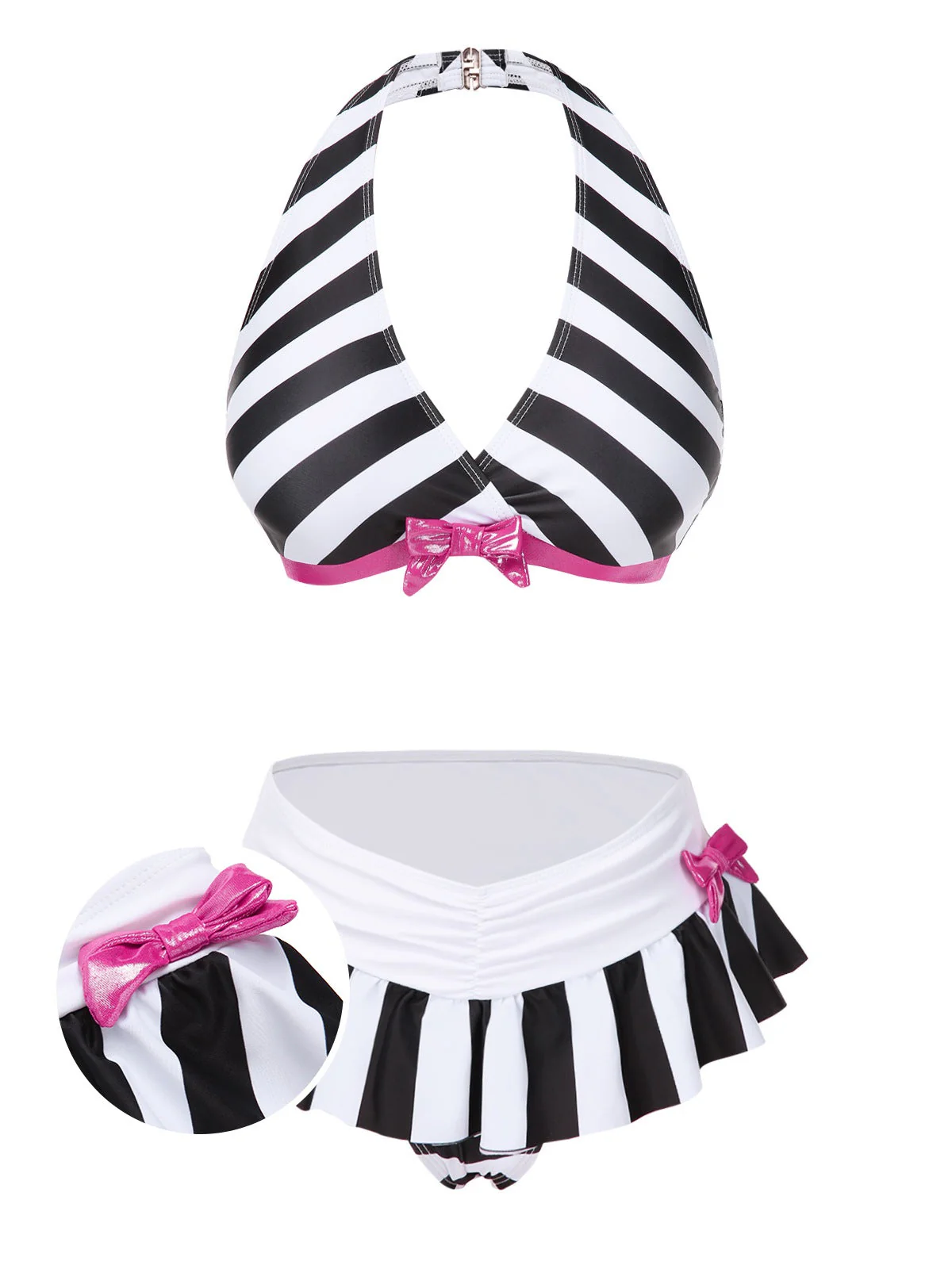 Bikini dos nu à rayures noires et blanches avec nœud années 1950