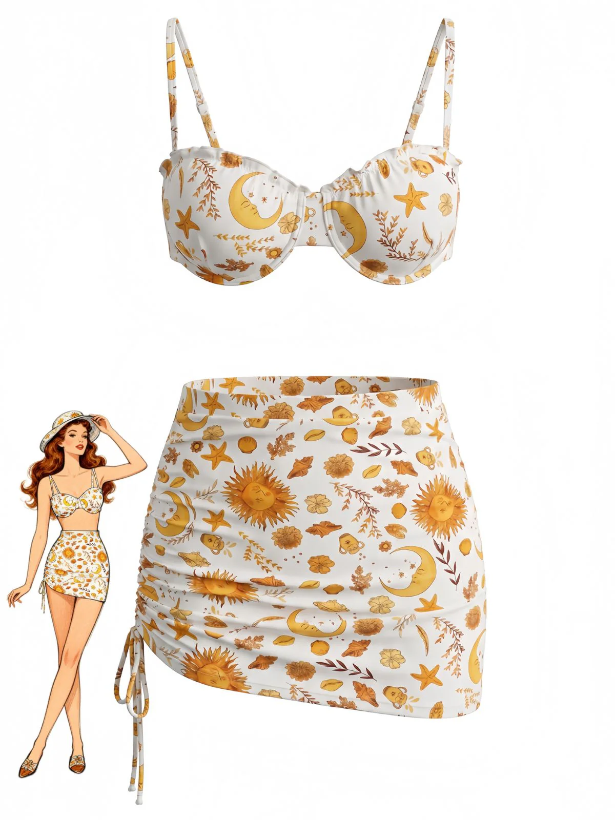 Bikini Floral Soleil Lune et Cache-Maillot Jaune Années 1970