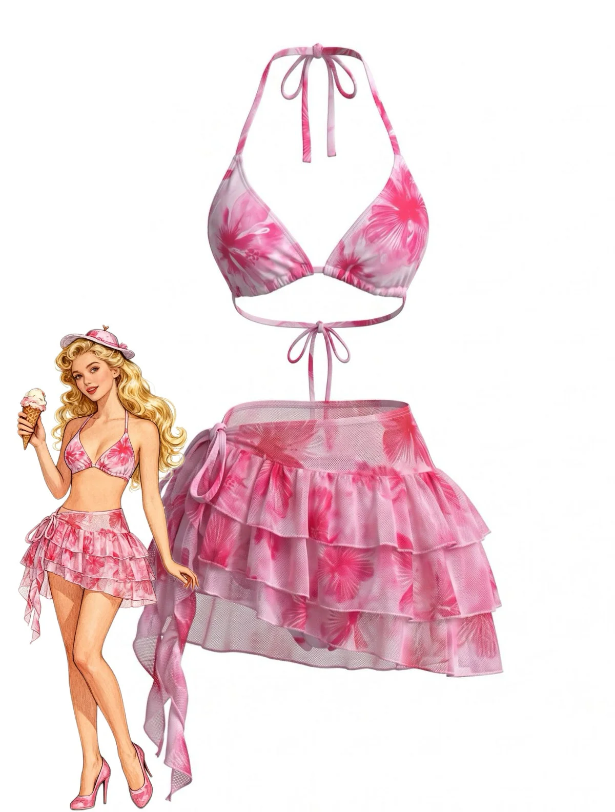 Bikini Licou Rose et Mini Jupe Tulle Années 1980
